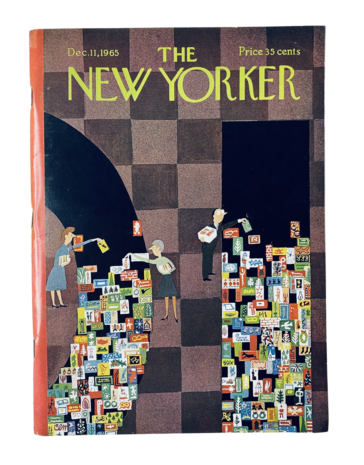 Cover of The New Yorker Magazine dated December 11, 1965 featuring a colorful design of people selecting Christmas gifts against a checkerboard background. Title: The New Yorker Magazine December 11, 1965 Christmas Gifts Cover C. Martin VG.