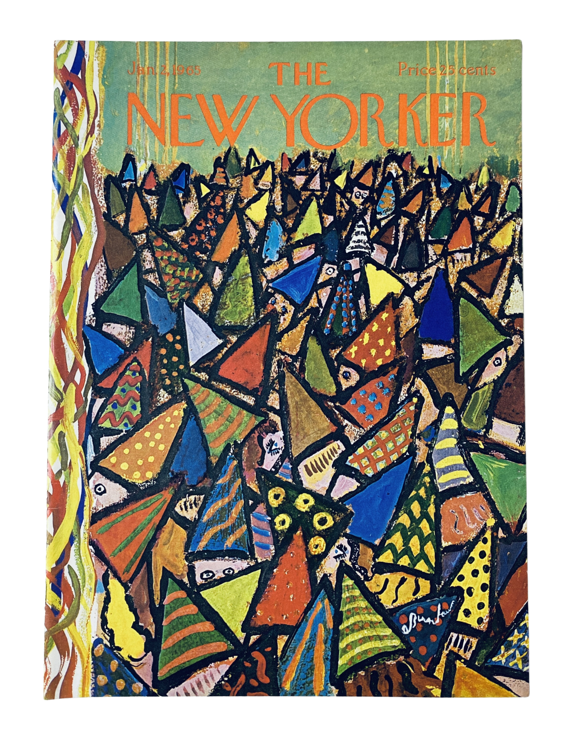 Cover of The New Yorker Magazine from January 2, 1965 featuring a colorful abstract depiction of a crowd wearing party hats, designed by Abe Birnbaum. This vintage magazine is categorized under collectible original magazines.