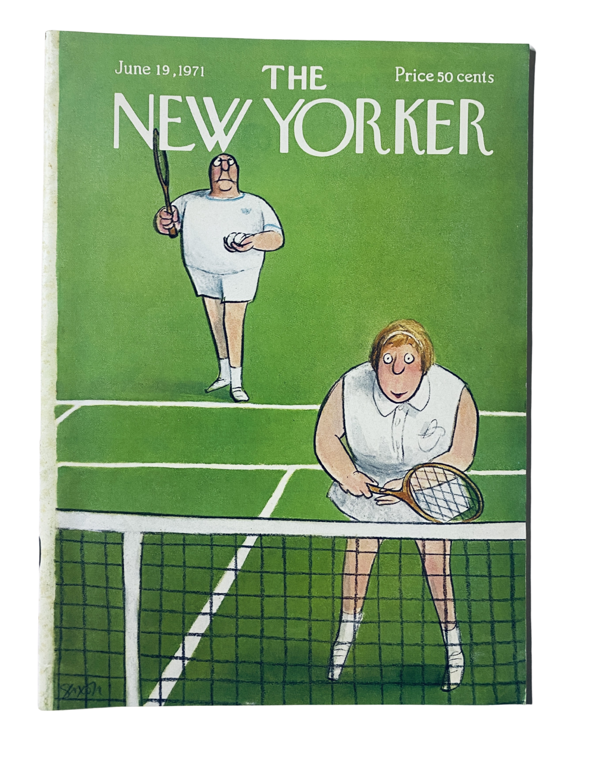 Cover of The New Yorker Magazine June 19, 1971 featuring a cartoon of two tennis players on a court, illustrated by Charles Saxon.