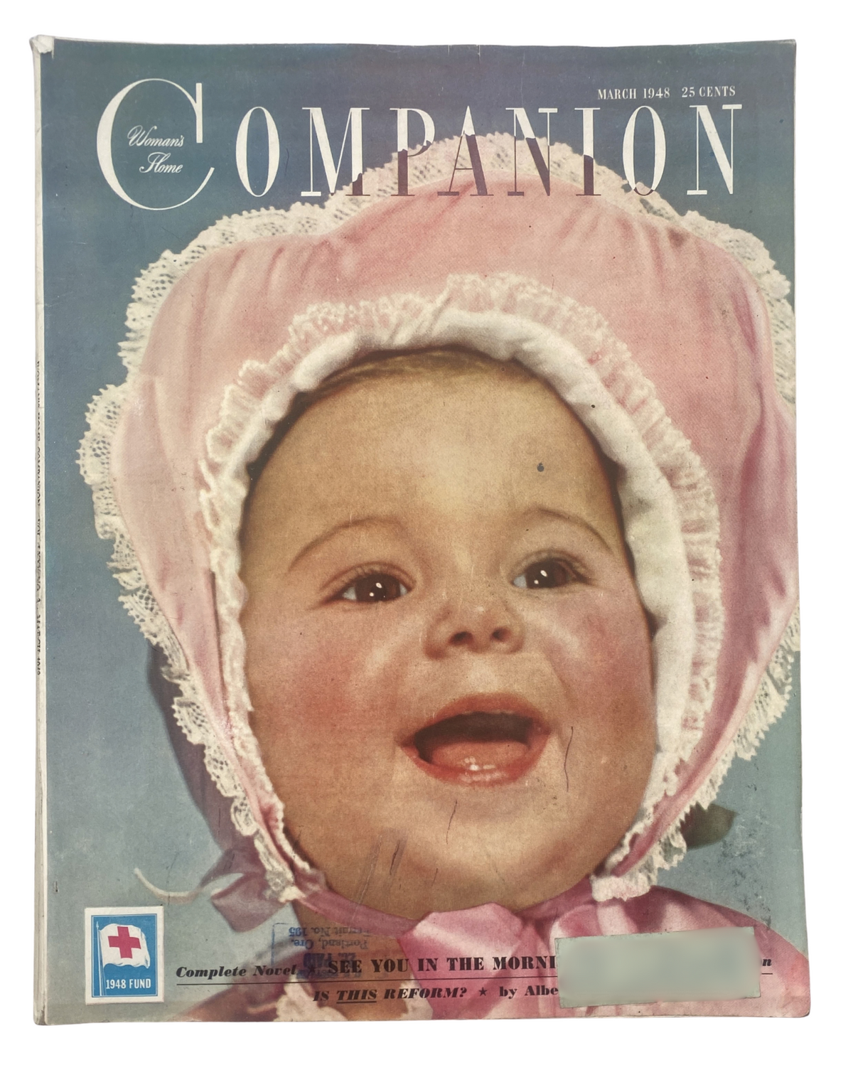 Cover of Woman’s Home Companion Magazine March 1948 featuring a joyful baby model in a bonnet. The issue includes the short novel 'See You in the Morning' by Kenneth Patchen and various articles on homemaking, fashion, and food.