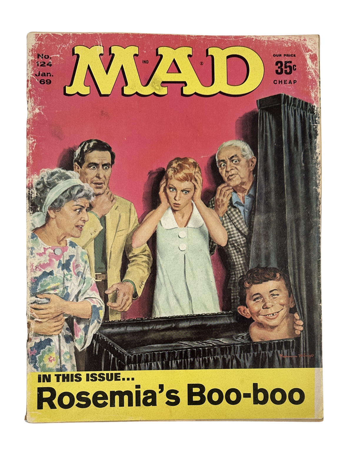 MAD Magazine No. 124 January 1969 cover featuring a humorous scene from 'Rosemia’s Boo-boo' with five characters around a curtain, capturing the comedic essence of the issue.