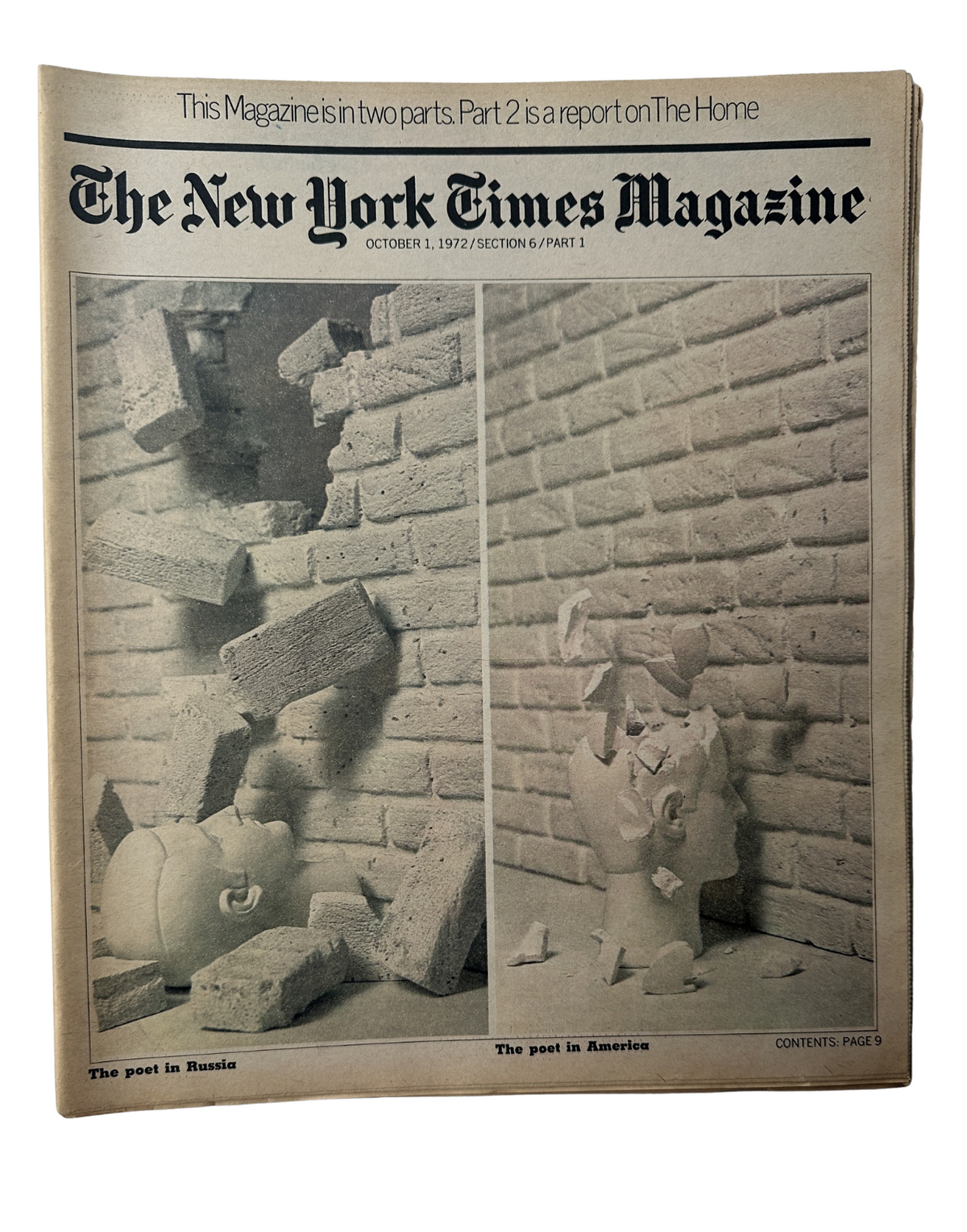 The New York Times Magazine October 1, 1972 cover featuring an artistic representation of a poet in Russia facing a wall, symbolizing creative struggle. It highlights the theme of isolation faced by artists.