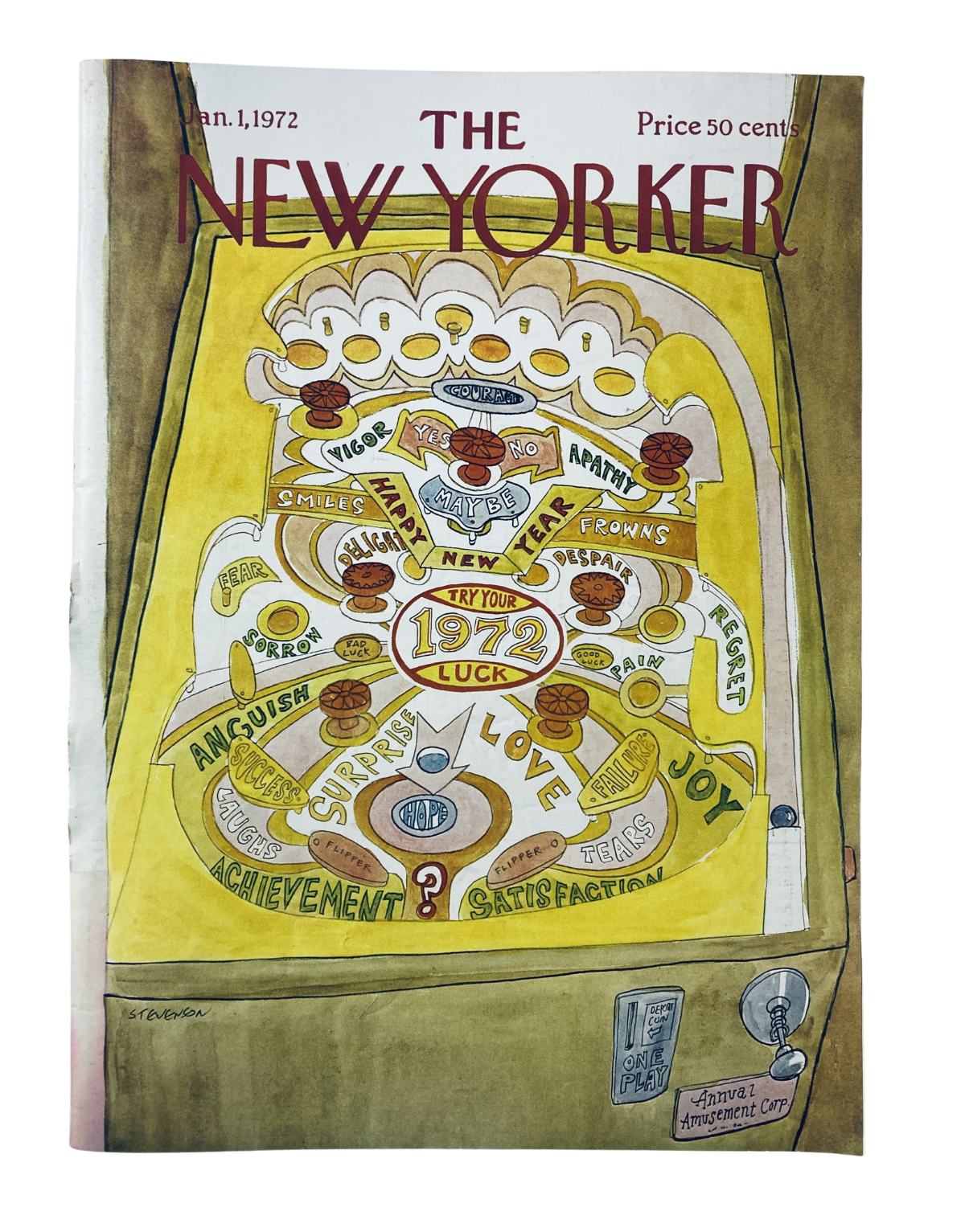 Cover of The New Yorker Magazine January 1, 1972 featuring a pinball machine design with the title 'New Year Pinball Luck' by J. Stevenson.