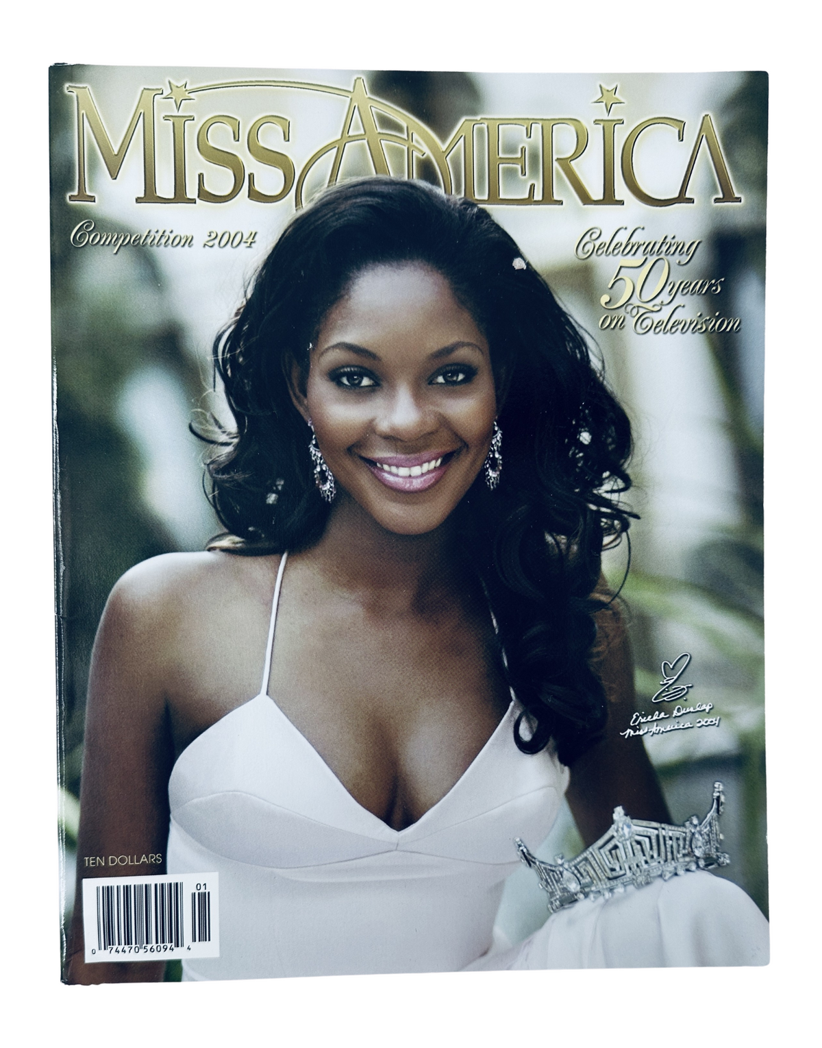 Miss America Magazine 2004 featuring Erika Dunlap on the cover, celebrating 50 years on television, showcasing a portrait of Dunlap smiling elegantly.
