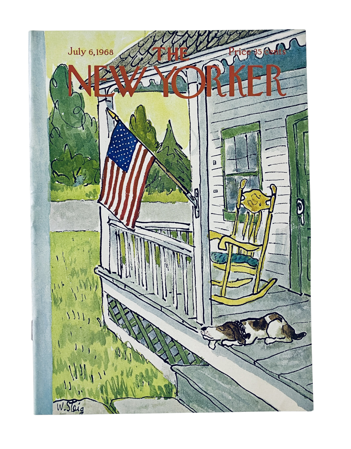 The New Yorker Magazine July 6, 1968 issue featuring a porch scene with a flag, rocking chair, and dog. Cover art by W. Steig. In very good condition, showing minimal edge wear.