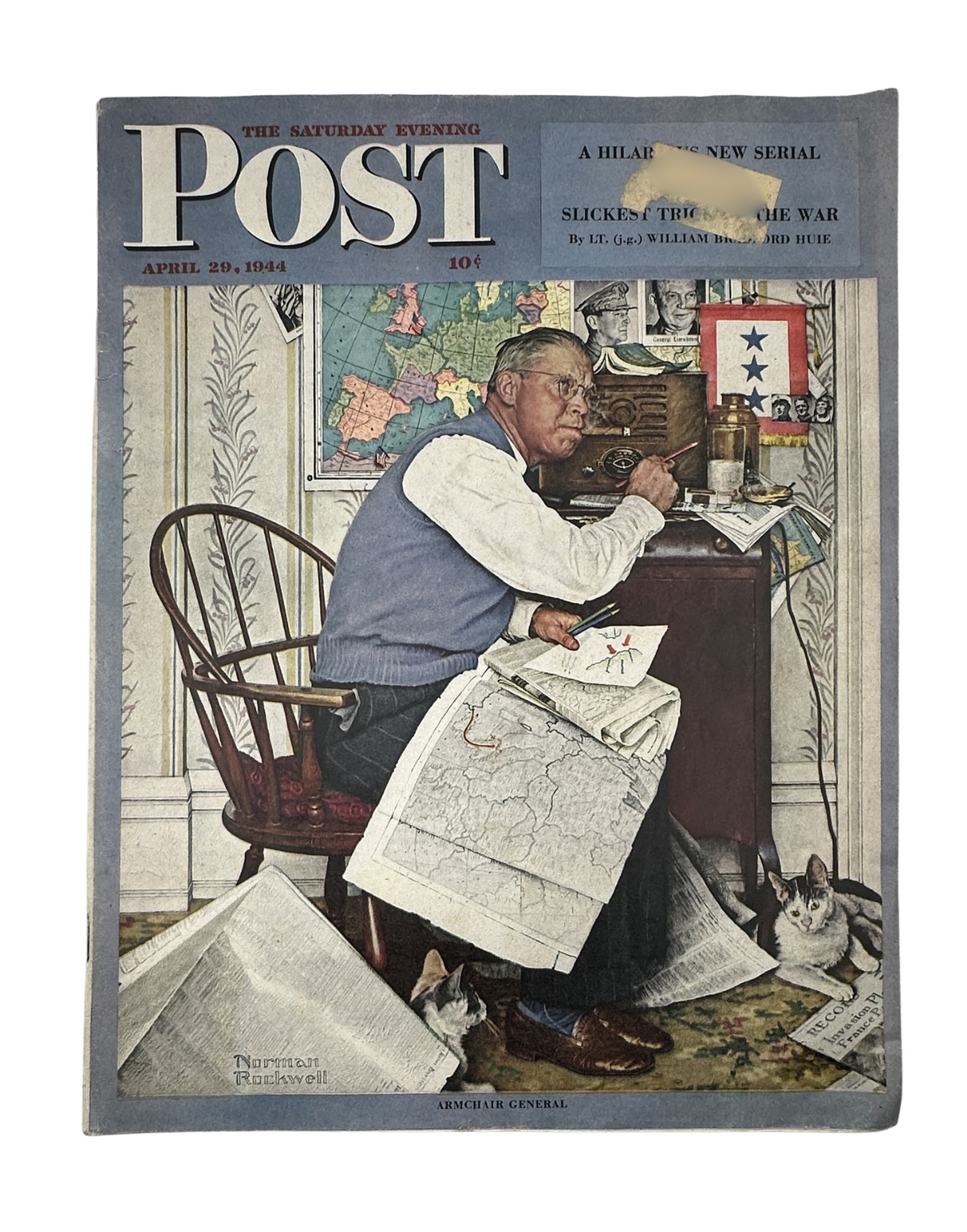 Cover of Saturday Evening Post Magazine, April 29, 1944, featuring a man labeled 'Armchair General' by Norman Rockwell, seated in a chair surrounded by maps and military-themed items.
