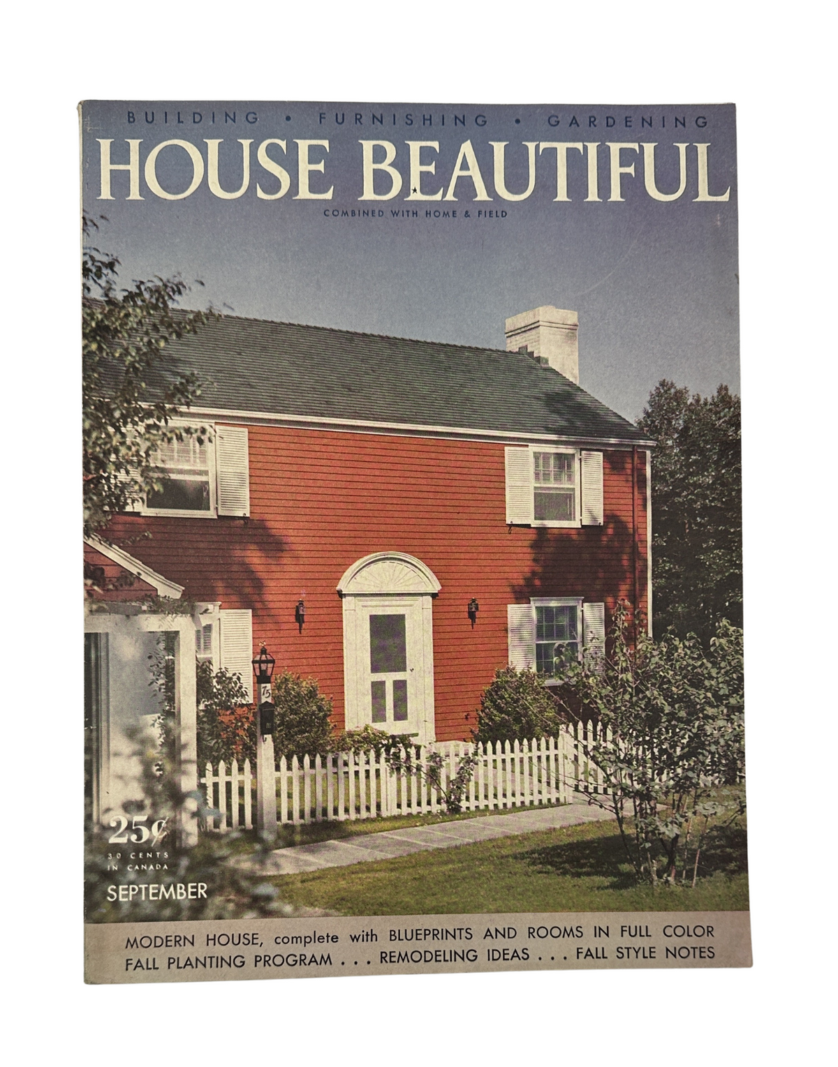 Cover of House Beautiful Magazine, September 1941, featuring a modern house with blueprints and remodeling ideas, emphasizing building, furnishing, and gardening.