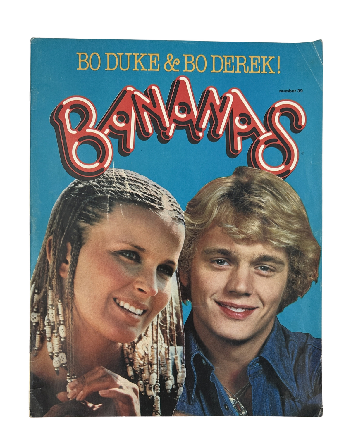 Cover of Bananas Magazine No. 39 featuring Bo Derek and Bo Duke, showcasing vibrant colors and playful typography.