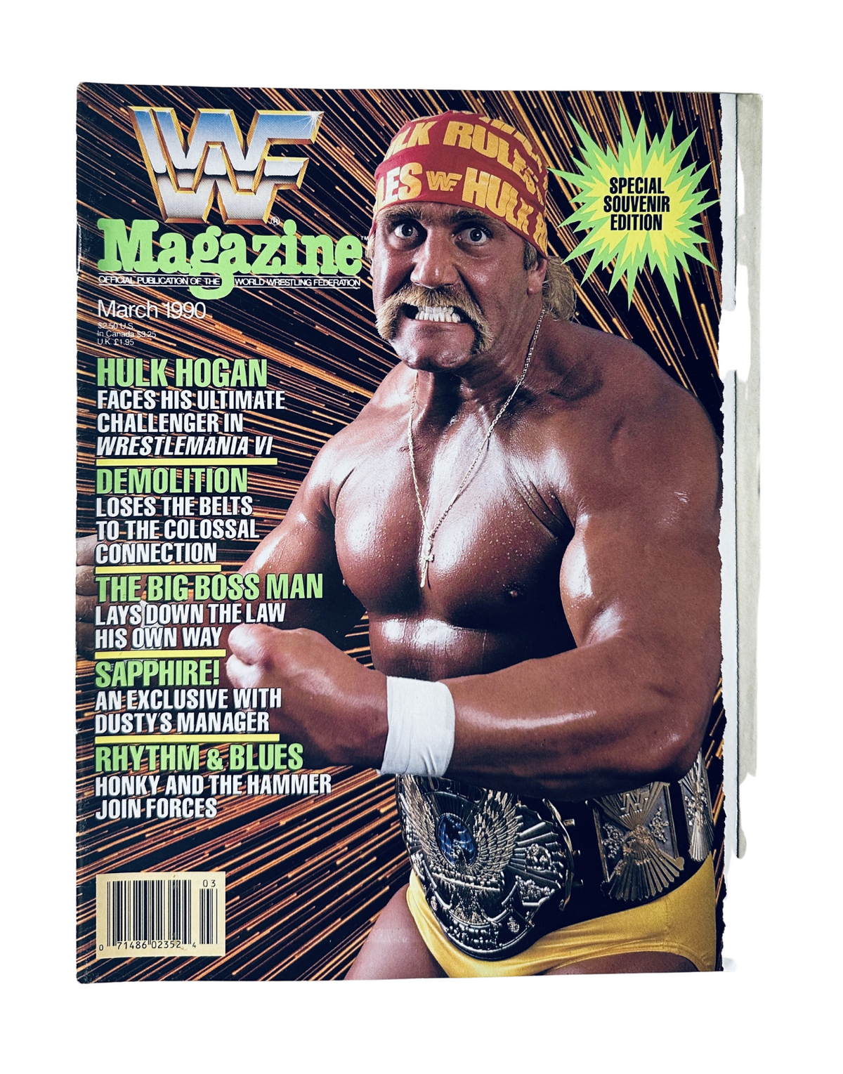 WWF Magazine March 1990 cover featuring Hulk Hogan, showcasing his rivalry at WrestleMania VI, along with Demolition and Sapphire.