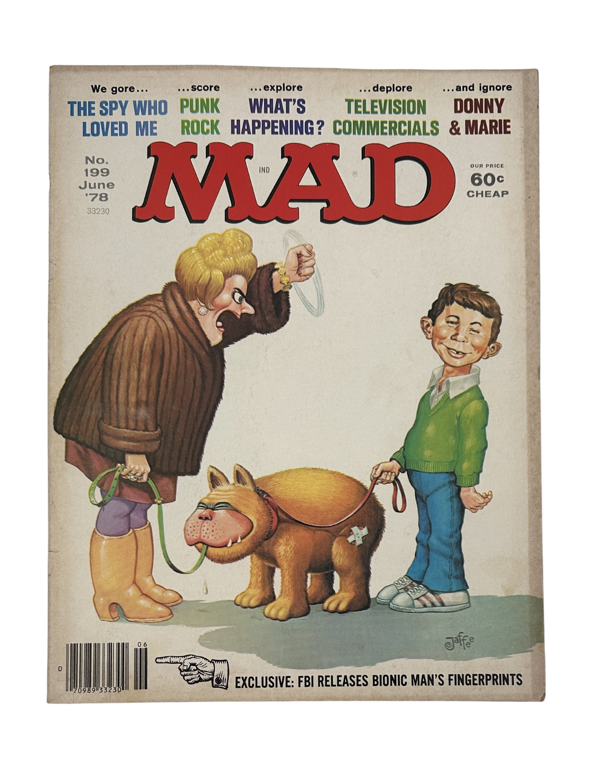 MAD Magazine No. 199 June 1978 cover featuring a humorous illustration of a woman with a dog and a boy. The cover title features 'The Spy Who Loved Me', highlighting themes of punk rock and television.