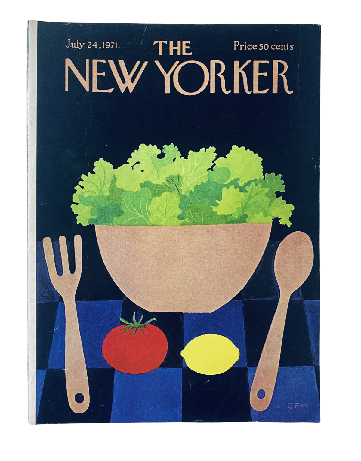 The New Yorker Magazine July 24, 1971 featuring a vibrant cover illustration of a salad bowl with lettuce, a tomato, and a lemon, designed by C. Martin.