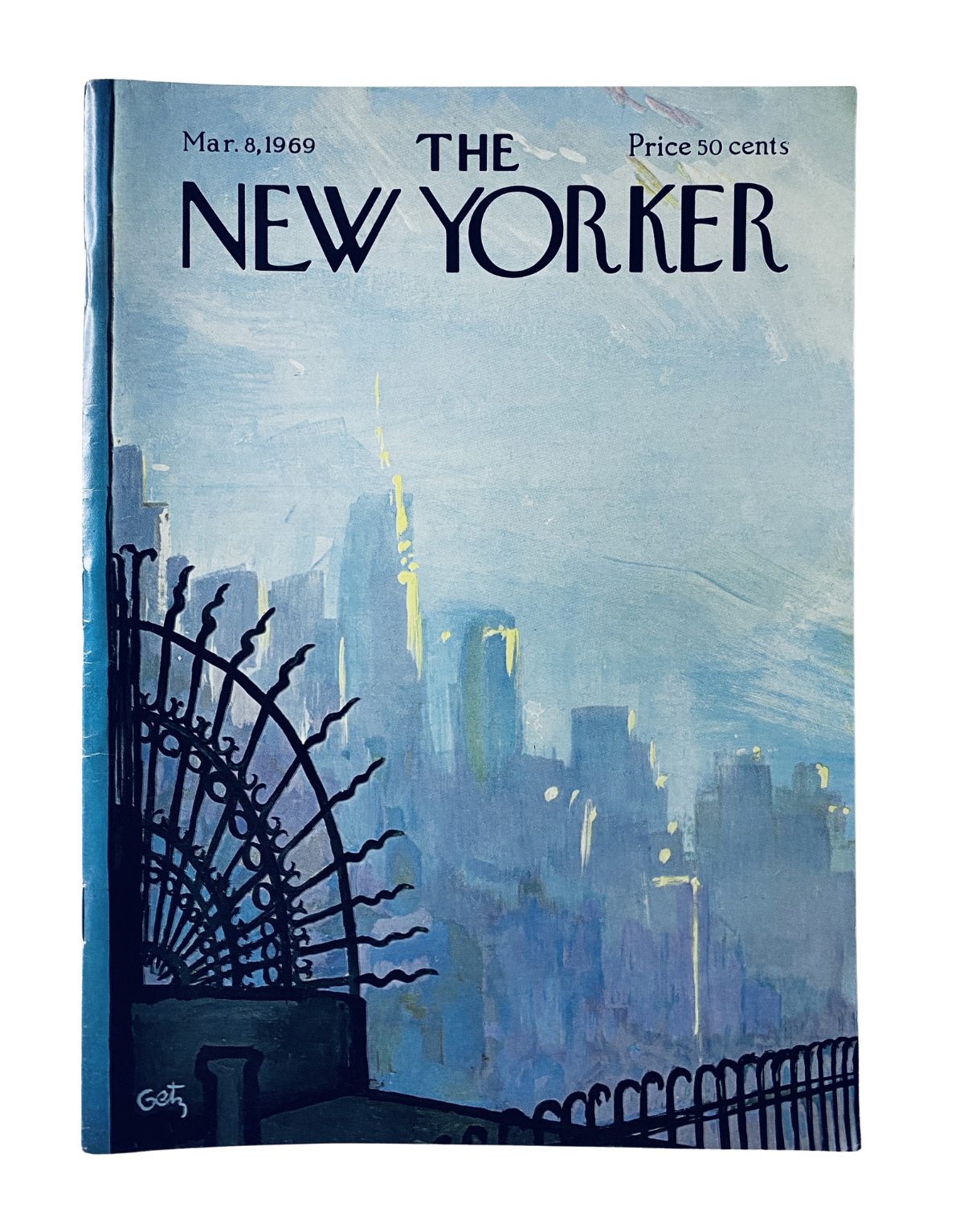 Cover of The New Yorker Magazine March 8, 1969 featuring artwork by Arthur Getz, depicting a cityscape with a misty skyline, price marked at 50 cents.