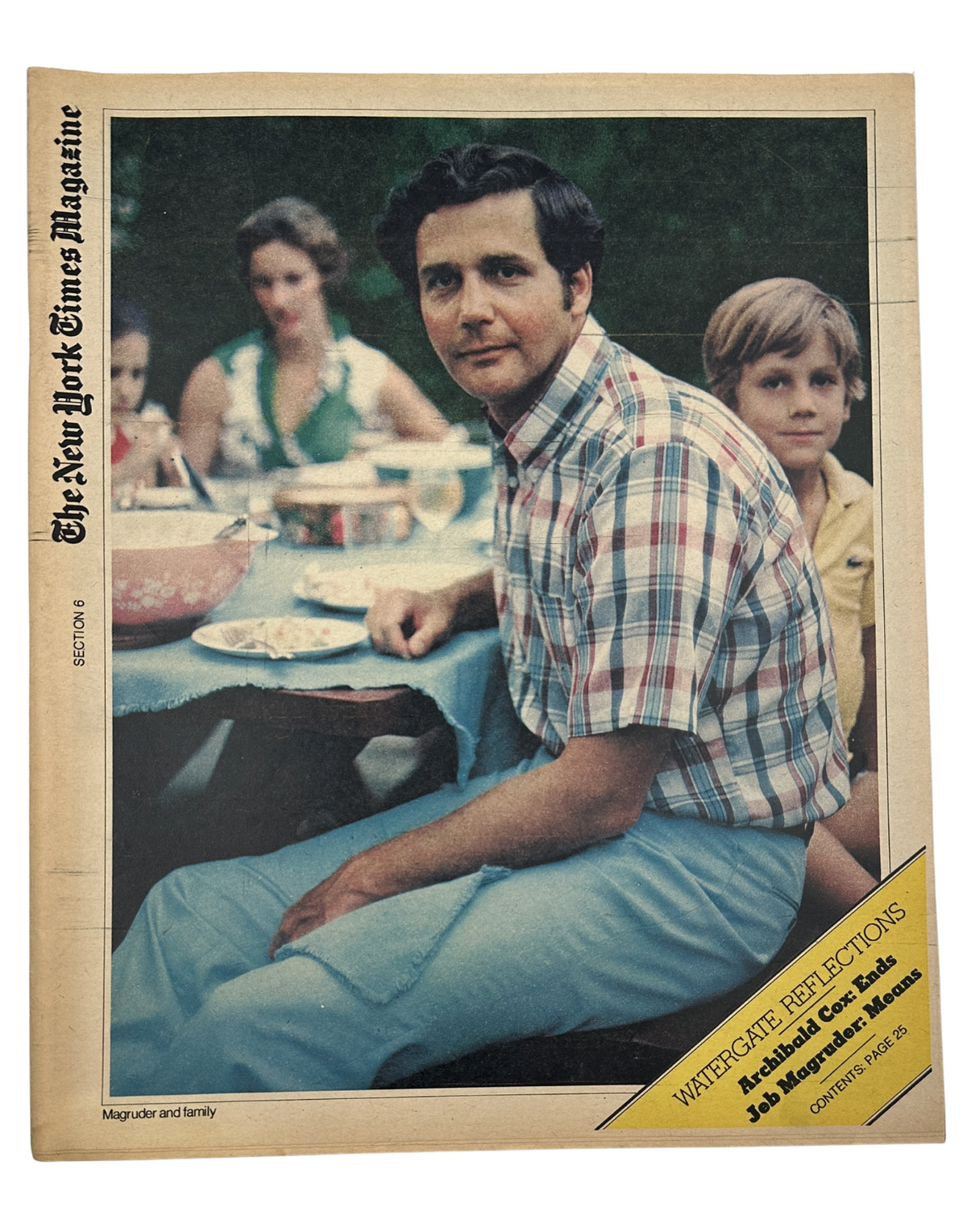 Cover of The New York Times Magazine featuring Jeb Stuart Magruder with his family, titled 'Watergate Reflections'. The magazine is in very good condition, portraying a family at a picnic setting.