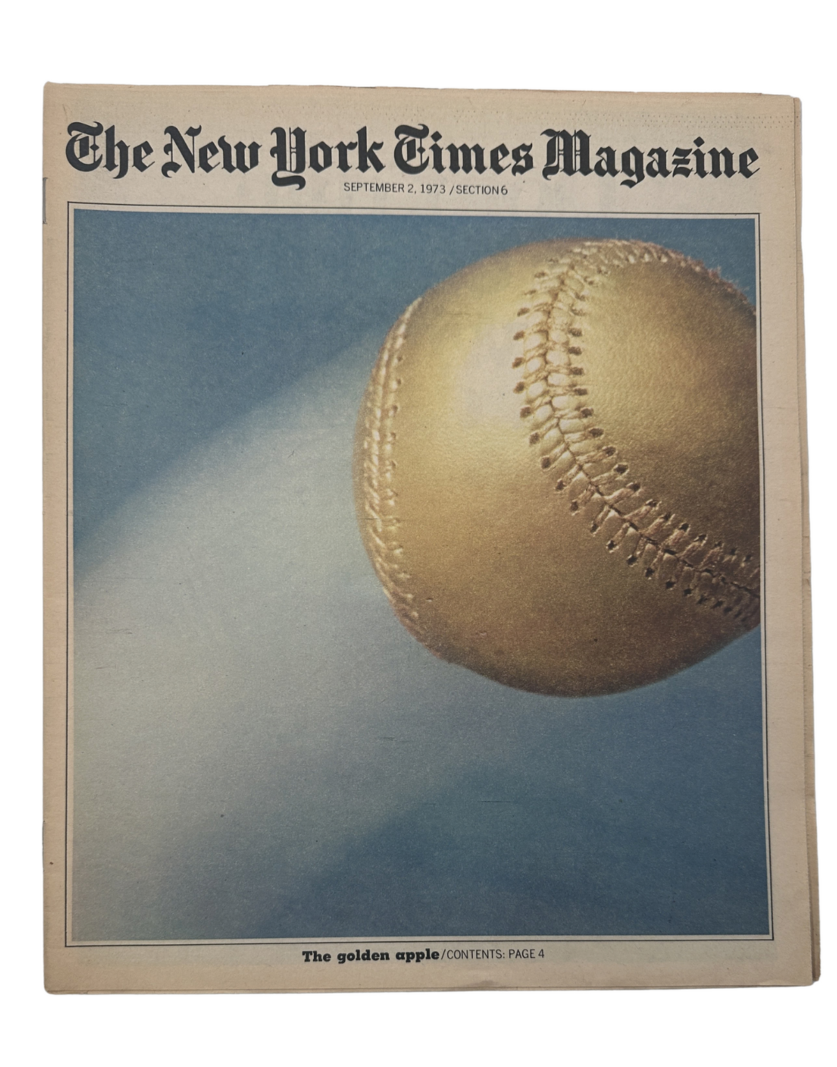 The New York Times Magazine September 2, 1973 featuring the Baseball Golden Apple cover, showcasing a golden baseball against a blue background.