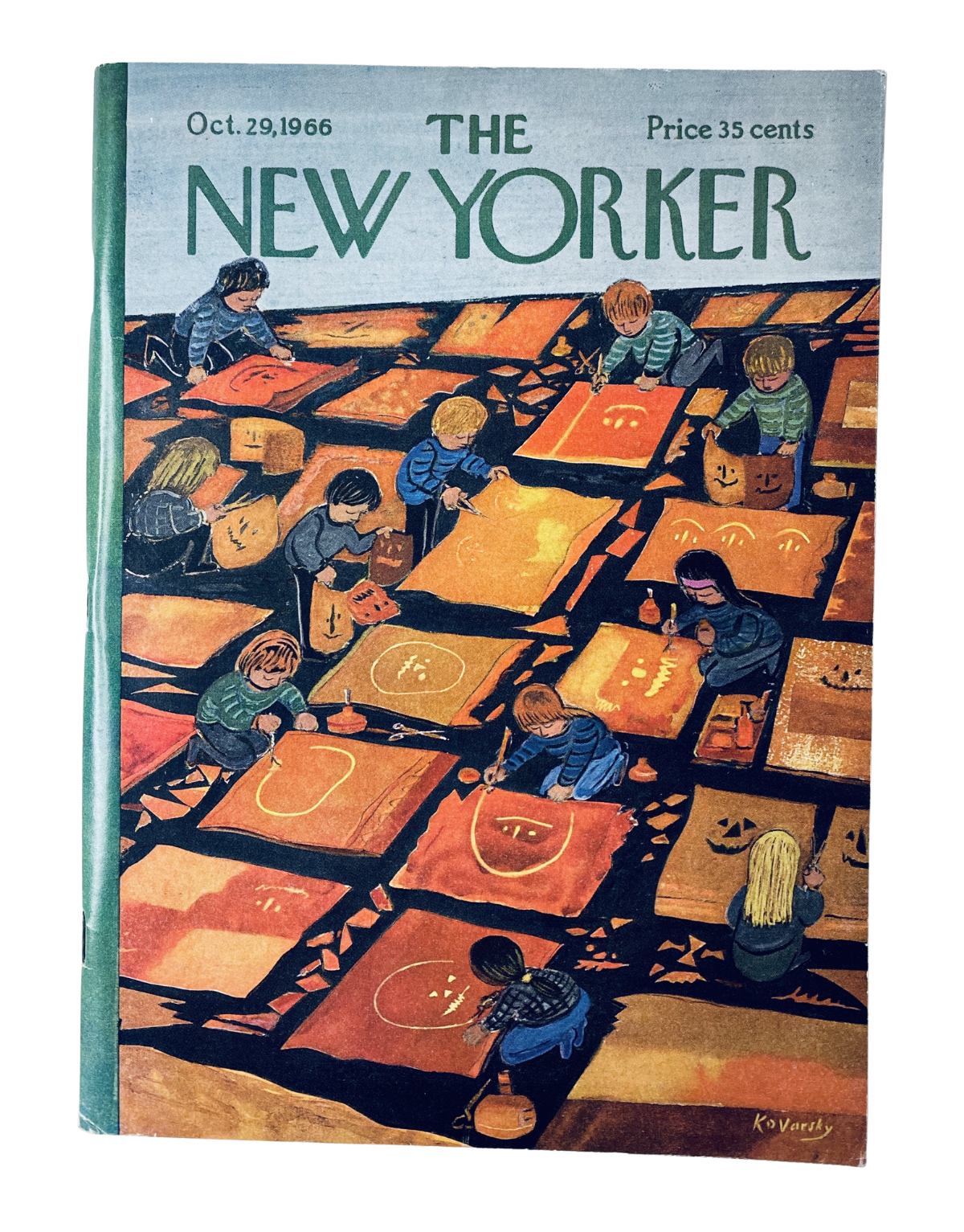 The New Yorker Magazine cover from October 29, 1966, featuring children engaged in Halloween pumpkin carving activities, illustrated by A. Kovarsky. The cover showcases a vibrant and playful scene, embodying the festive spirit of Halloween.
