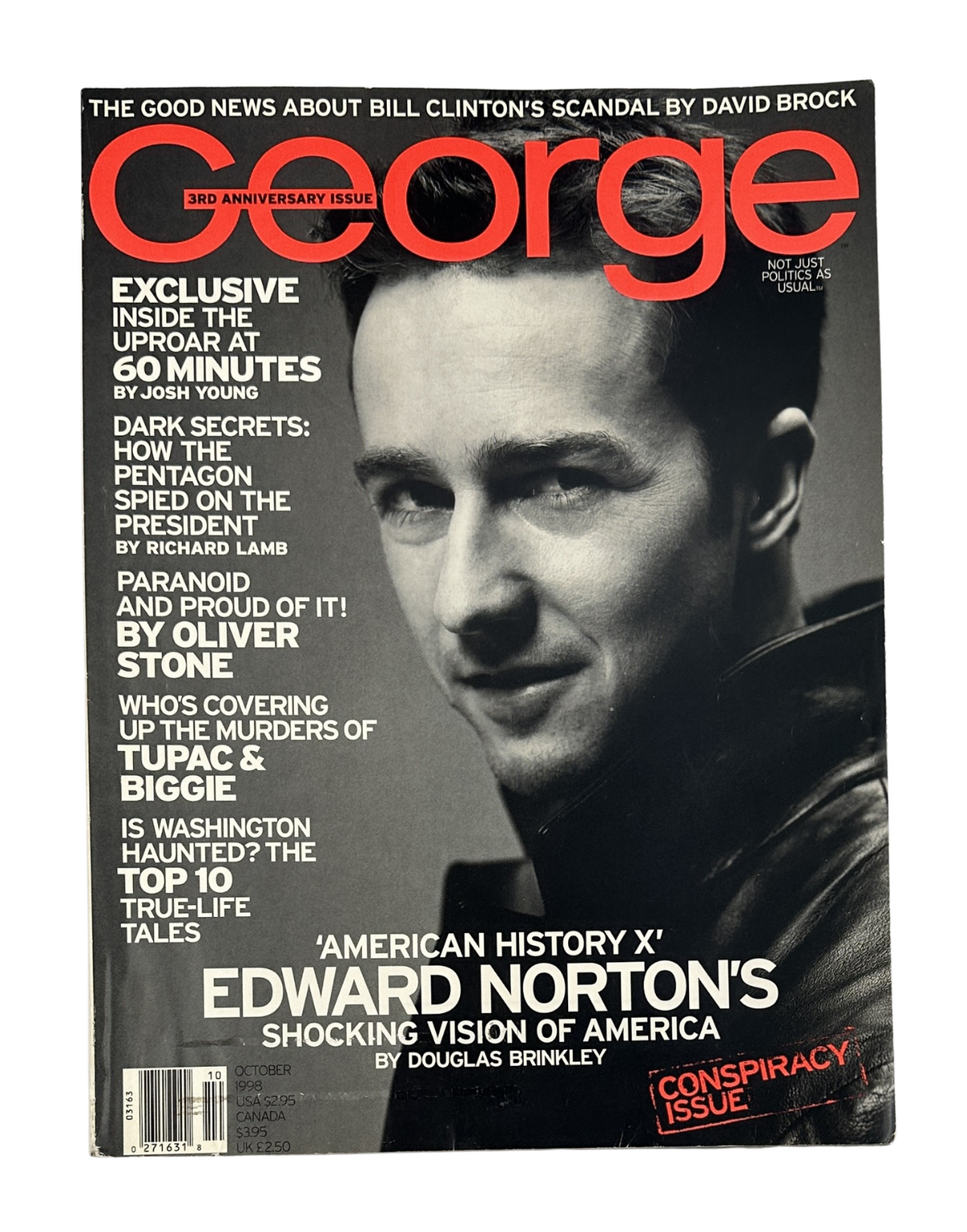 Cover of George Magazine October 1998 featuring Edward Norton, with the headline about the film American History X and articles regarding Tupac Shakur and Biggie Smalls.