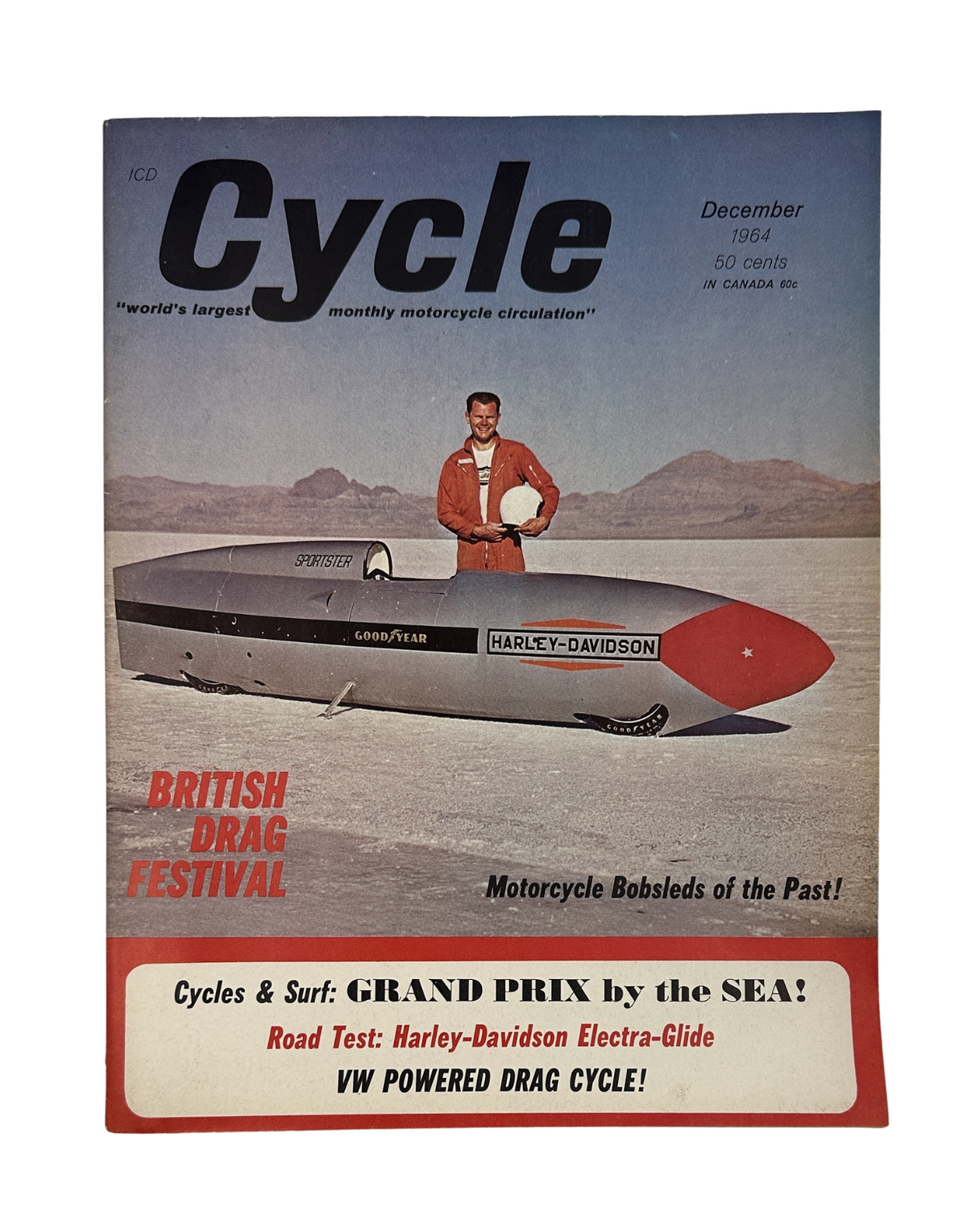Cycle Magazine December 1964 featuring Harley-Davidson Electra-Glide on the cover, highlighting the British Drag Festival with a vintage motorcycle-themed design.