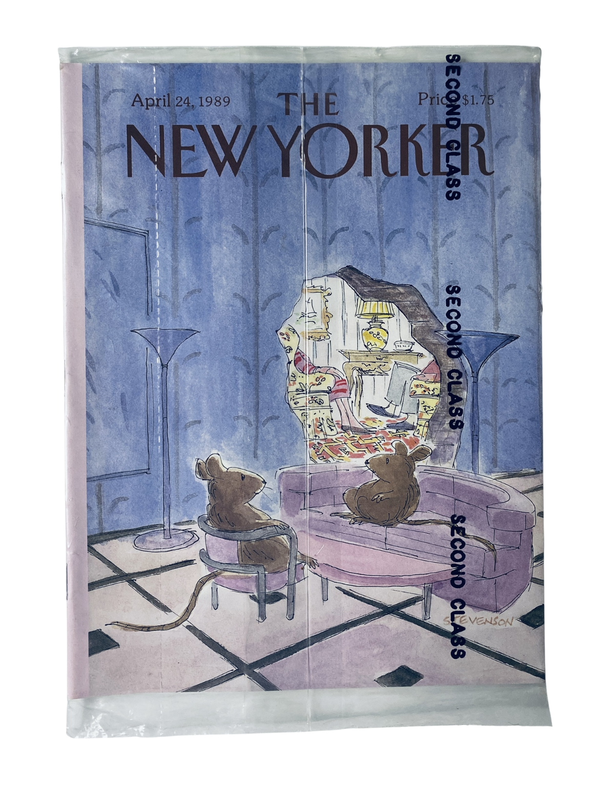 SEALED The New Yorker Magazine April 24, 1989 with a whimsical cover illustration of mice watching television, showcasing vibrant colors and a vintage aesthetic.