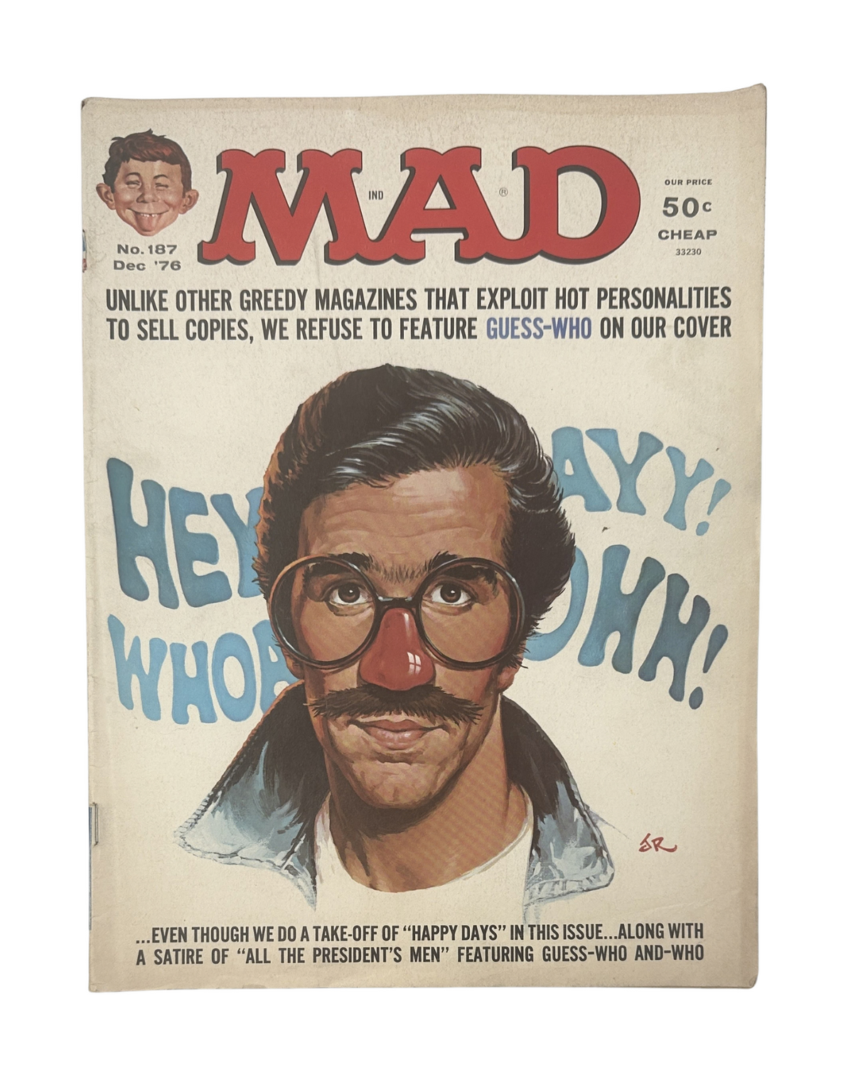 MAD Magazine No. 187 December 1976 cover featuring a character with a clown nose and goofy expression, highlighting the theme 'Gall of the President’s Men' satire.