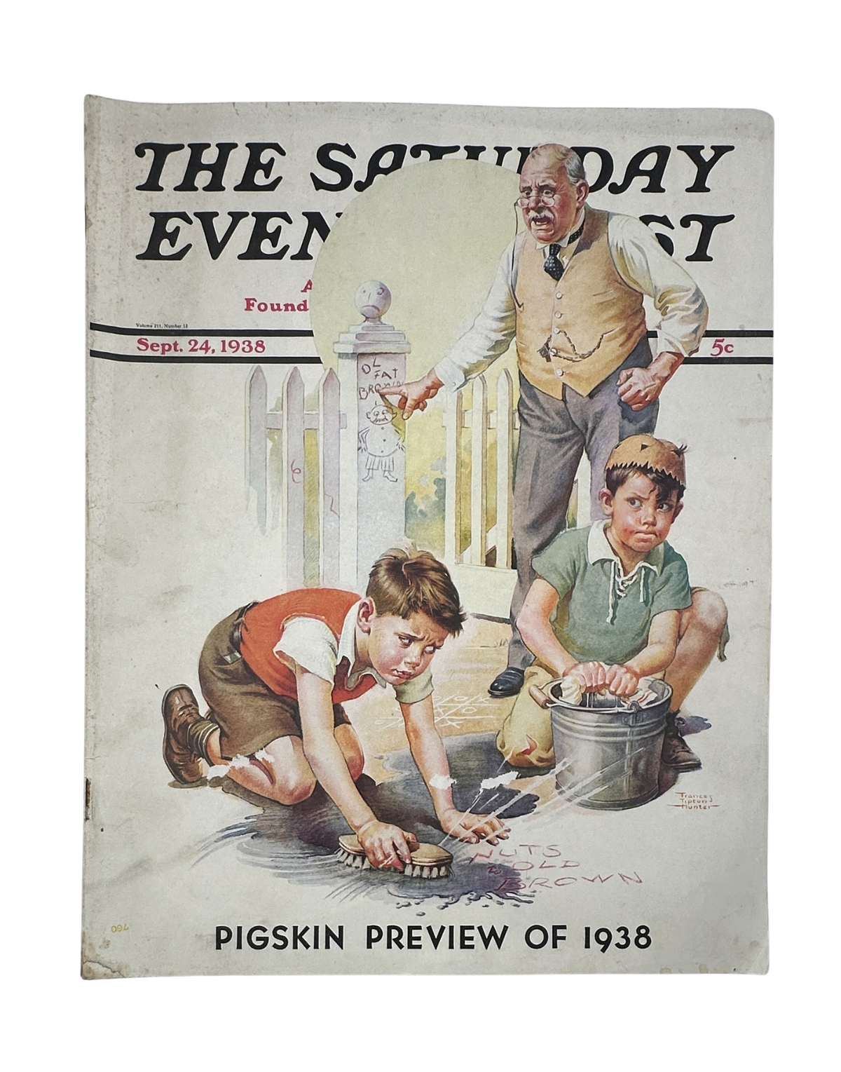Cover of The Saturday Evening Post magazine from September 24, 1938, featuring a Pigskin Preview with a colorful illustration of children and an adult in a playful scene.