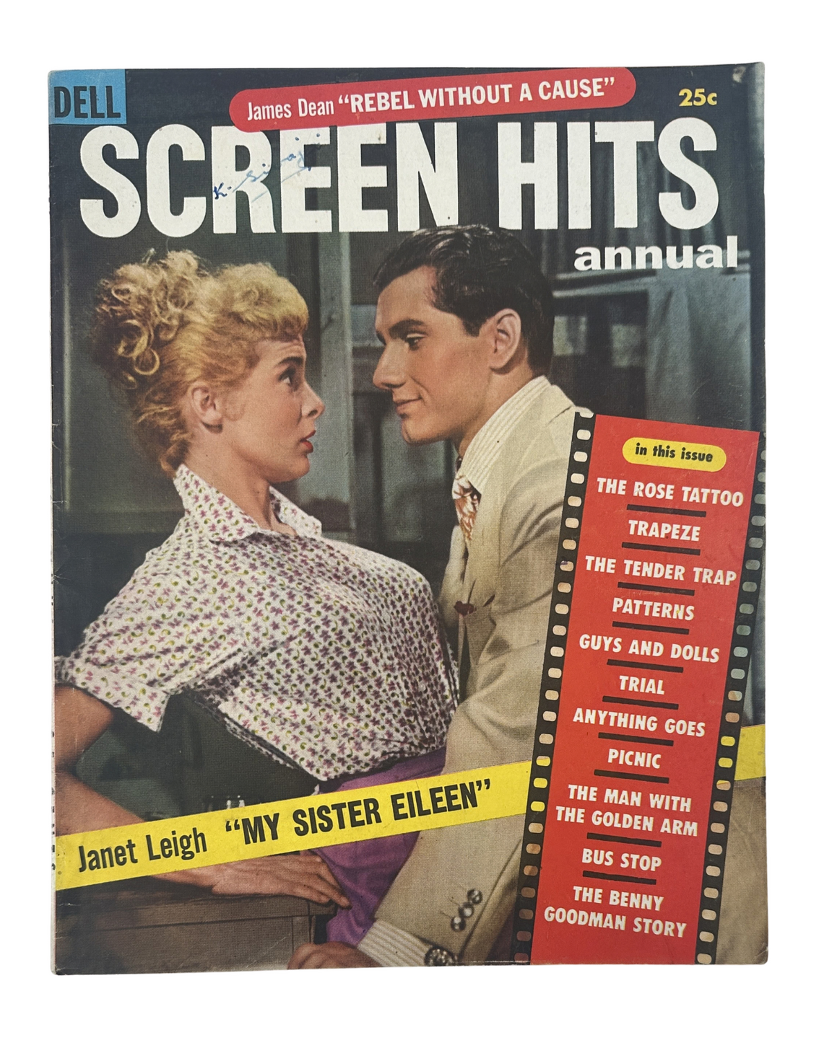 Cover of Screen Hits Magazine 1956 featuring James Dean in Rebel Without a Cause and Janet Leigh in My Sister Eileen, showcasing classic Hollywood imagery with vibrant colors.
