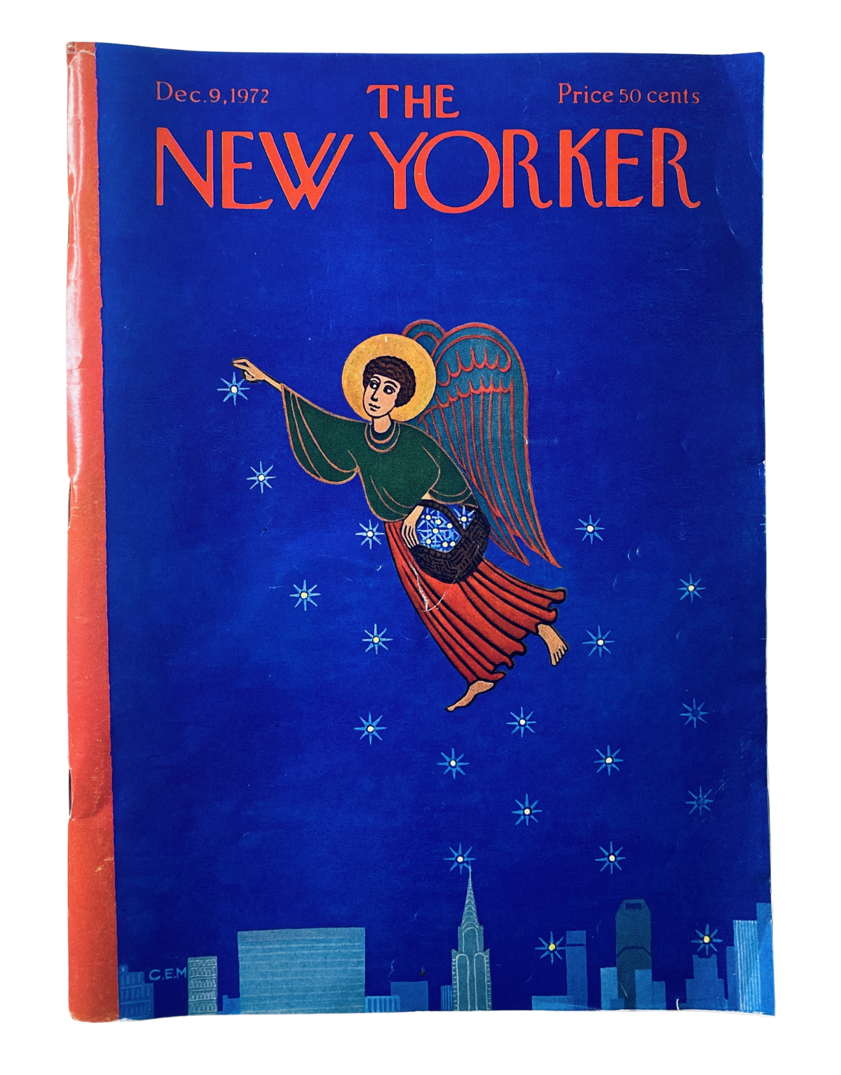 The New Yorker Magazine December 9, 1972 cover featuring an angel over a city skyline by C. Martin, showcasing vibrant blue background and whimsical starry elements.