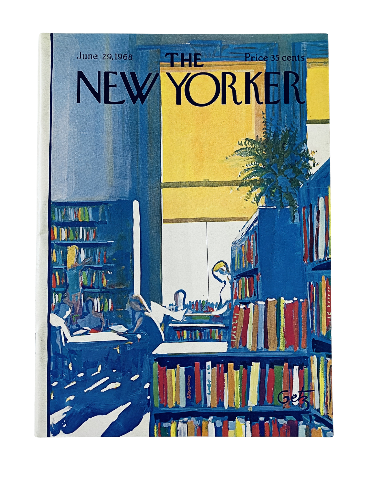 The New Yorker Magazine June 29, 1968 cover featuring a vibrant illustration of a library with colorful bookshelves and sunlight streaming in, by Arthur Getz.
