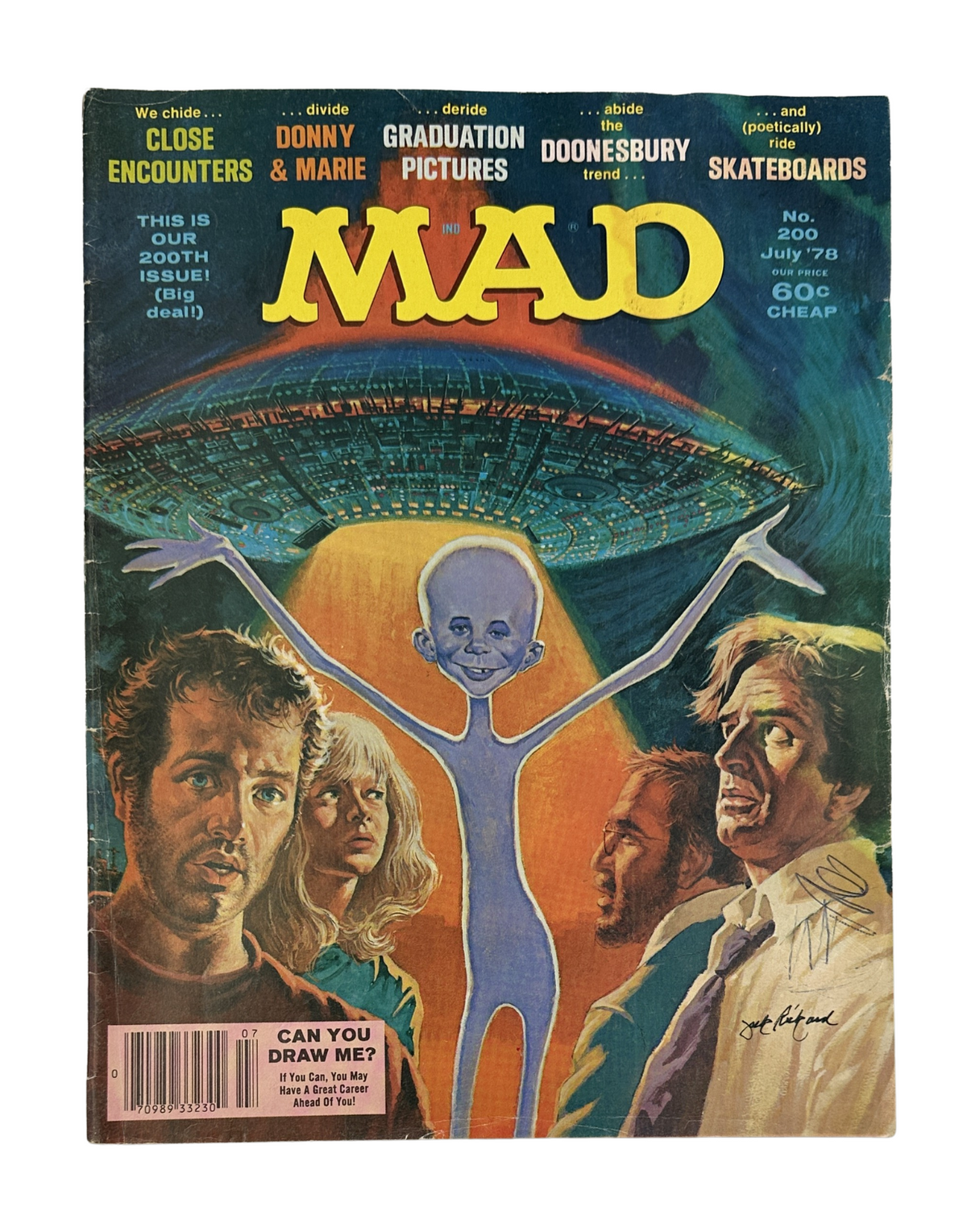 Cover of MAD Magazine No. 200 from July 1978 featuring themes of Close Encounters, graduation pictures, Doonesbury, and skateboards. The artwork depicts an alien figure and characters in a dramatic scene.