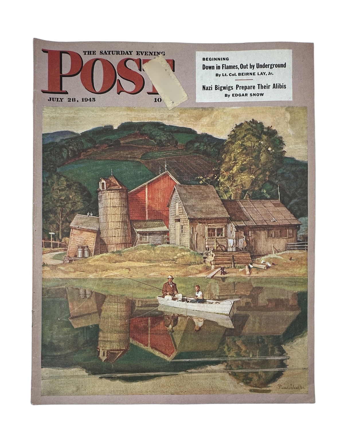 Cover of the Saturday Evening Post magazine from July 28, 1945, featuring a serene rural landscape with a barn, silo, and boaters, focusing on the article about Nazi bigwigs preparing their alibis by Edgar Snow.