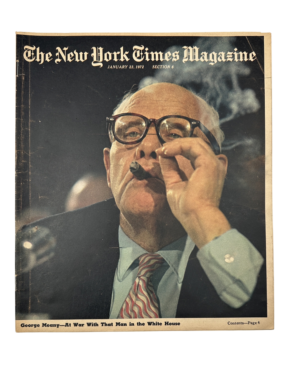 Cover of The New York Times Magazine from January 23, 1972 featuring George Meany, President of the A.F.L.-C.I.O., smoking a cigar and portraying a strong expression, highlighting his stance against President Nixon.