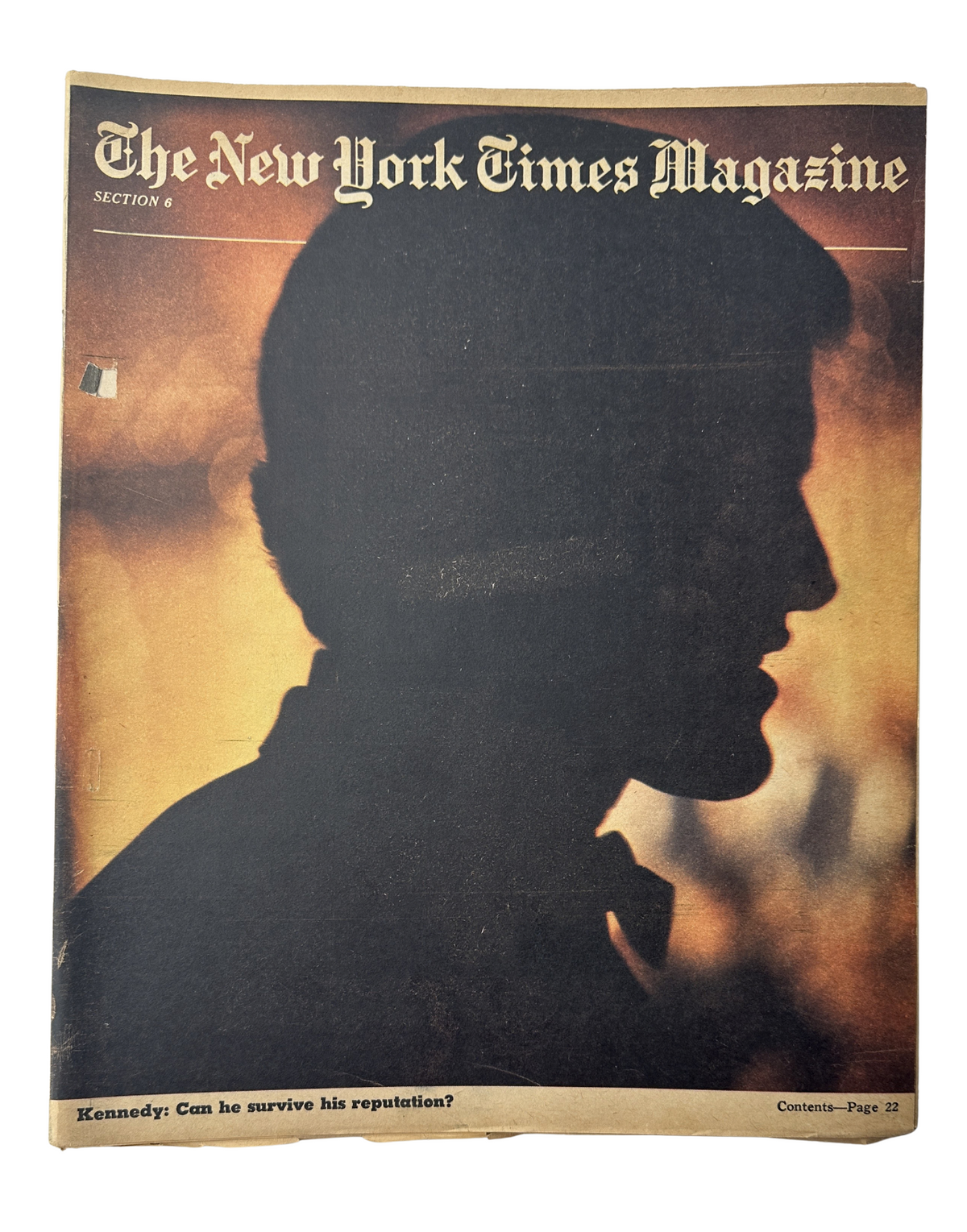 Cover of The New York Times Magazine dated May 24, 1970, featuring a silhouette of Ted Kennedy with the headline 'Kennedy! Can he survive his reputation?' This magazine explores politics and Ted Kennedy's image.