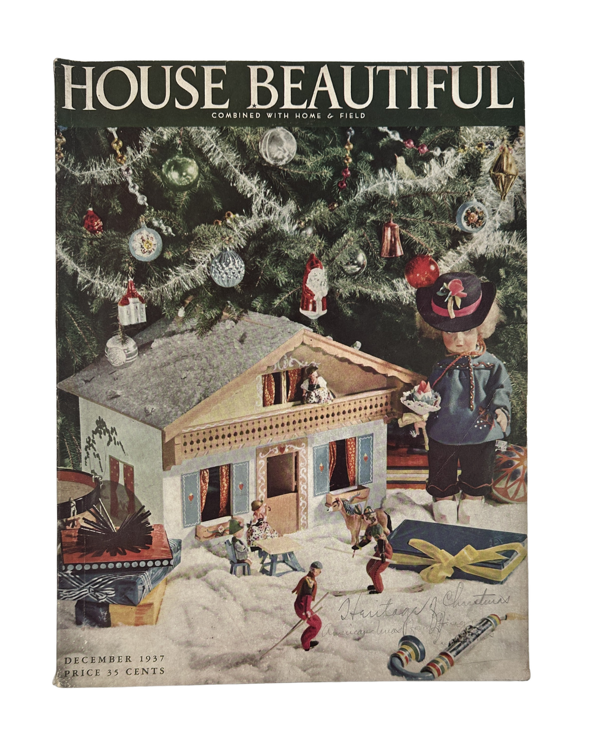 House Beautiful Magazine cover for December 1937, showcasing Christmas decorating ideas with a lush tree, colorful ornaments, and a charming doll beside a festive house. Perfect for vintage interior design enthusiasts.