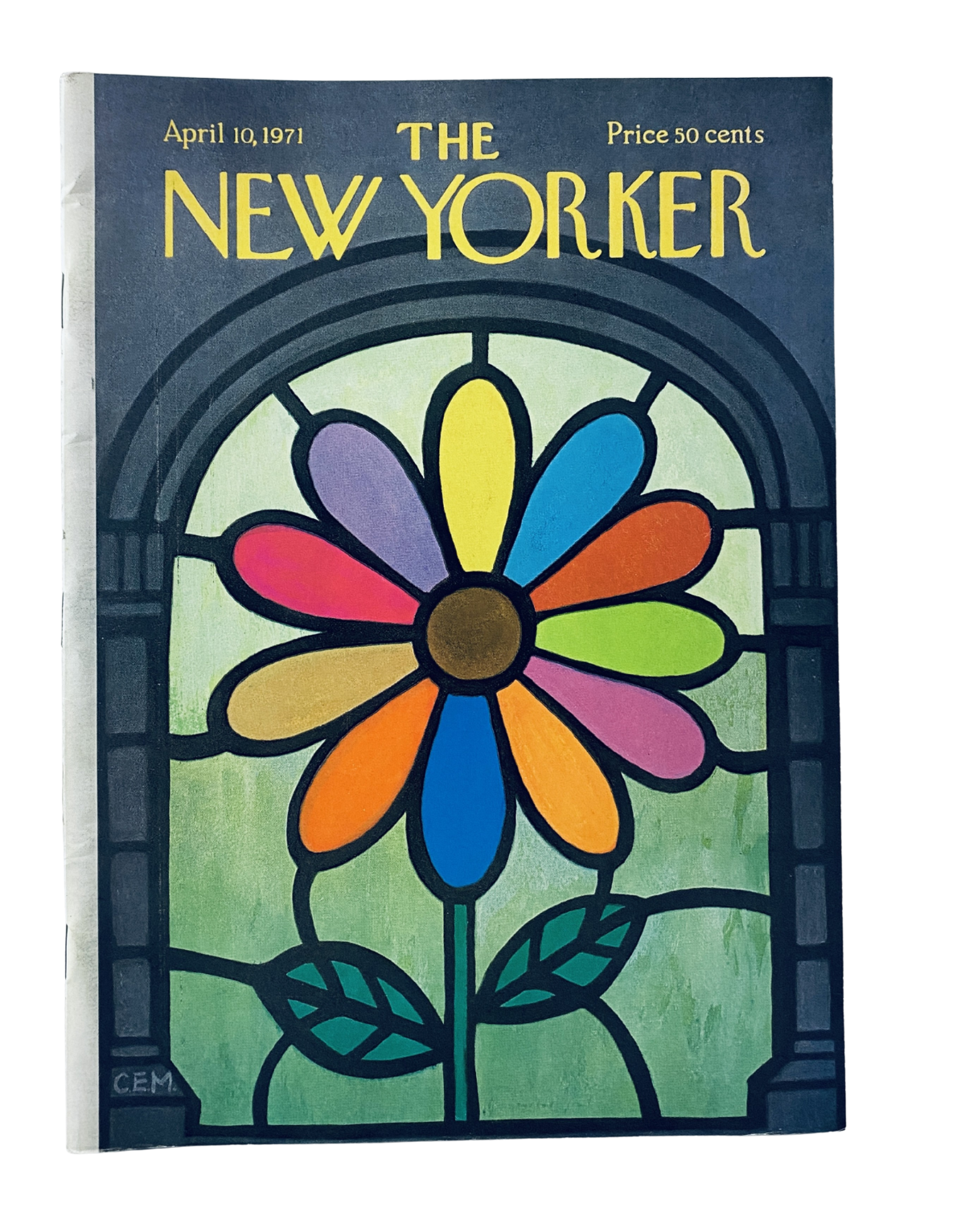 The New Yorker Magazine April 10, 1971 cover featuring a colorful stained glass flower design by Charles Martin.