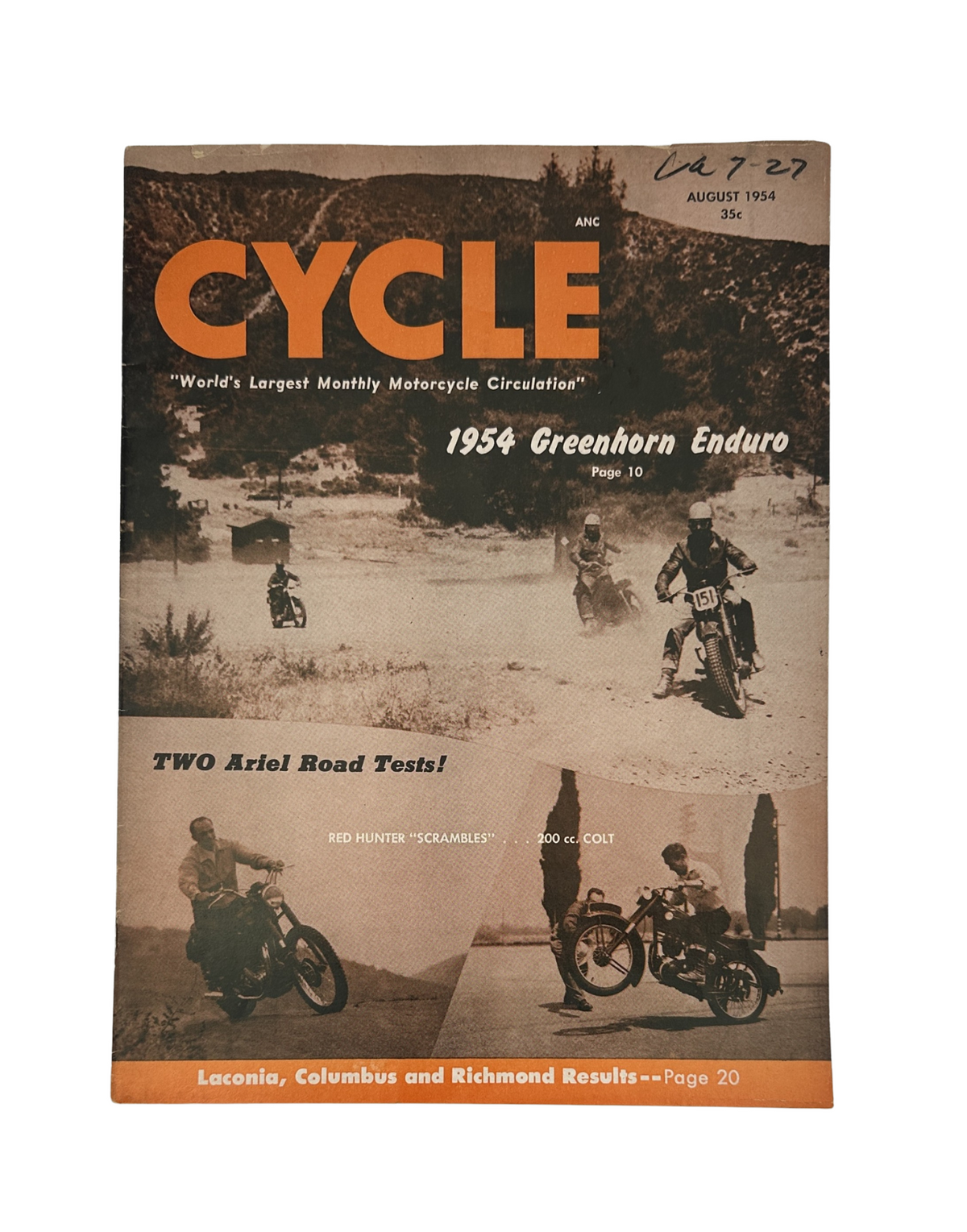 Cycle Magazine August 1954 cover featuring the Greenhorn Enduro with two motorcycle riders, showcasing the Red Hunter and Ariel Colt road tests.