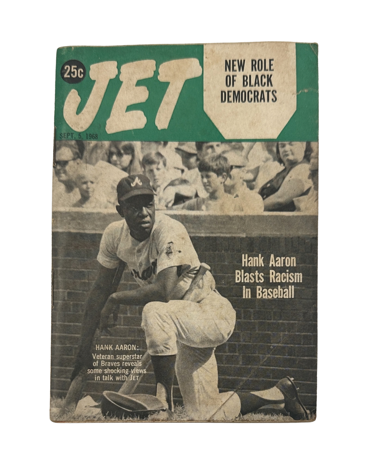 Jet Magazine September 5, 1968 featuring Hank Aaron on the cover discussing racism in baseball. The cover shows Hank Aaron in a baseball pose with a bold title highlighting his message.