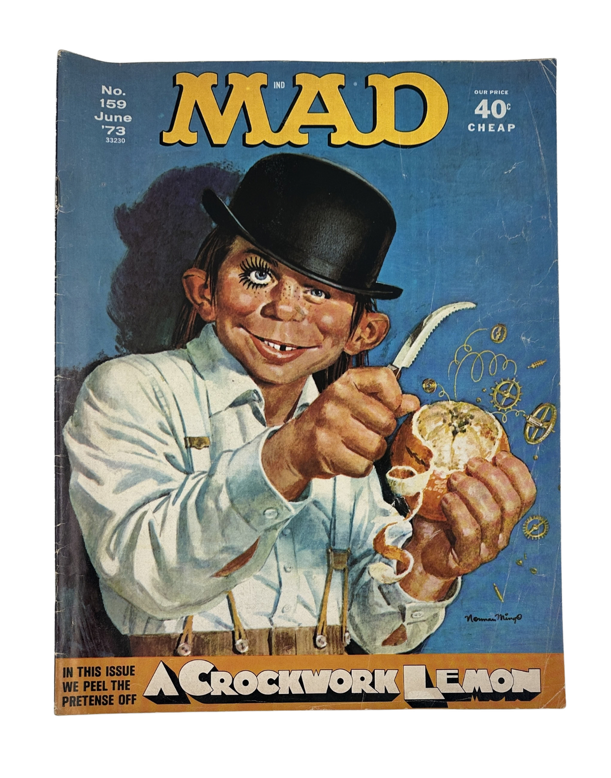 MAD Magazine No. 159 June 1973 cover featuring 'A Clockwork Lemon' illustration with a character peeling a lemon, known for its iconic humor and satirical content.