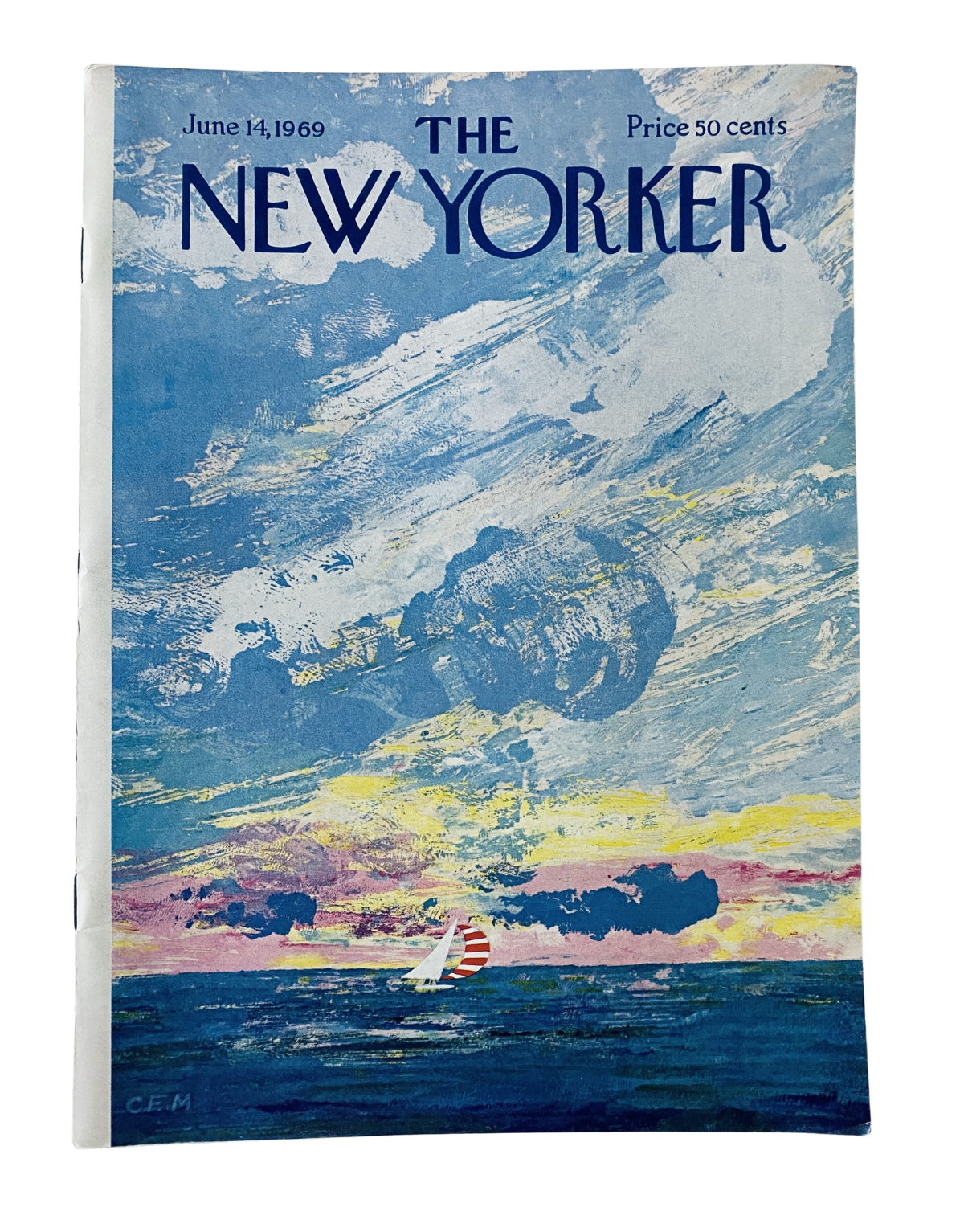 The New Yorker Magazine June 14, 1969 cover featuring vibrant watercolor artwork by Charles E. Martin, showcasing a sailboat on the ocean at sunset.