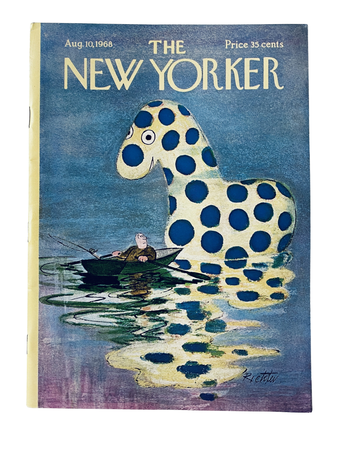 The New Yorker Magazine cover from August 10, 1968 featuring a whimsical polka dot creature, illustrated by M. Richter, capturing a serene boating scene.