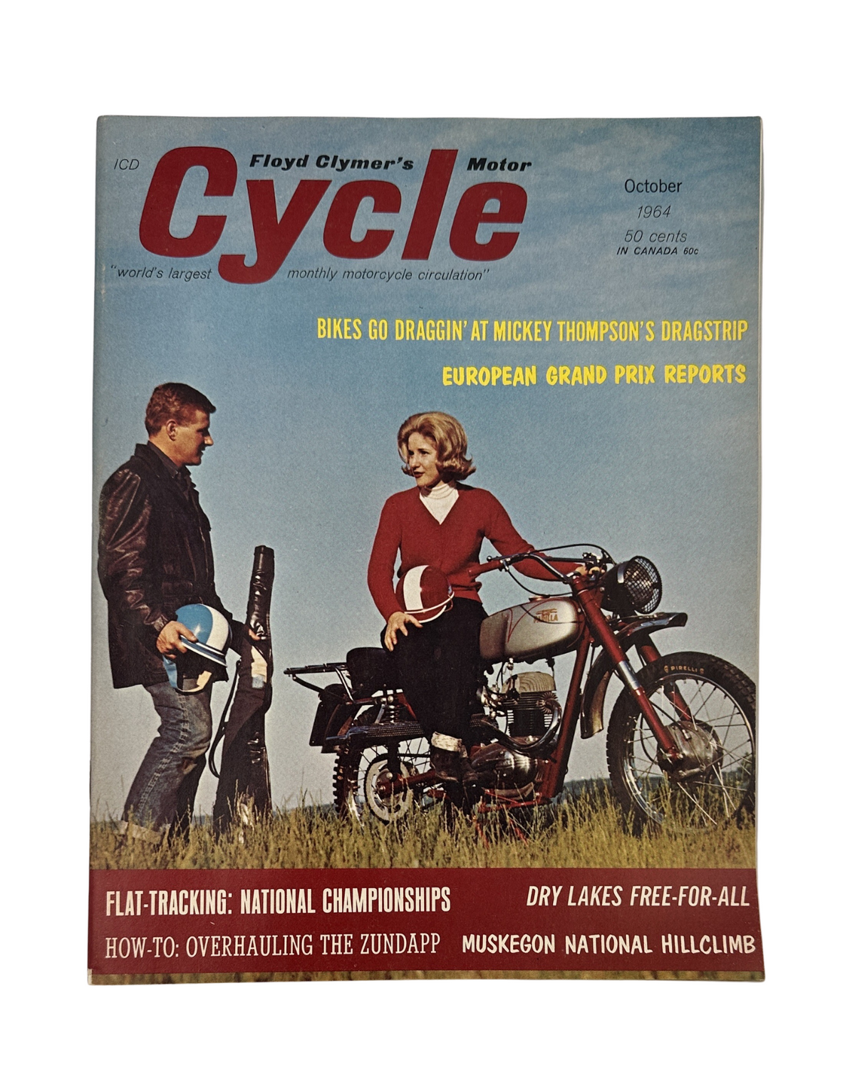 Cycle Magazine October 1964 cover featuring a couple with a motorcycle, showcasing the Zundapp Dragstrip and Grand Prix highlights.