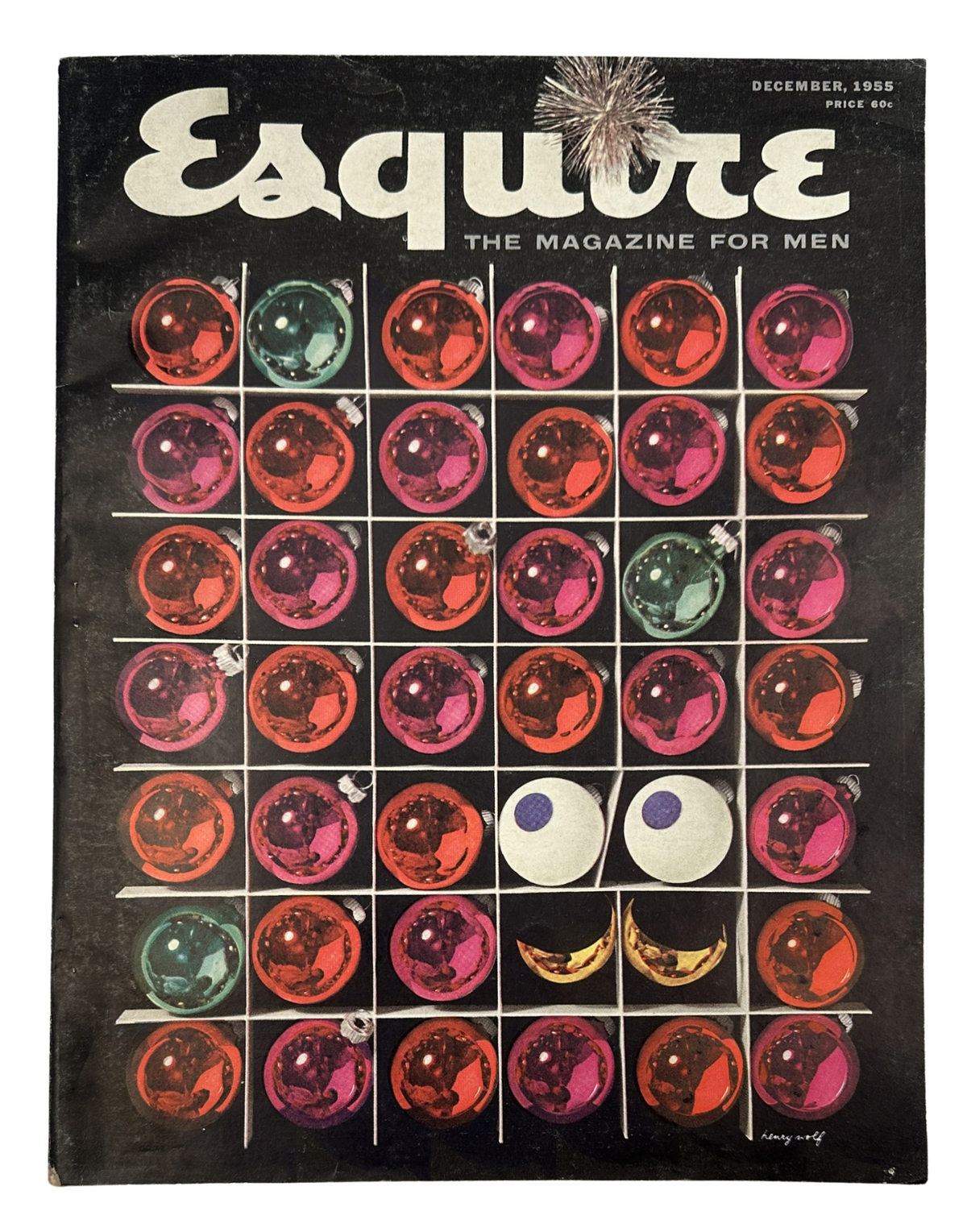 Esquire Magazine December 1955 cover featuring a colorful design with ornaments, showcasing the title 'Esquire: The Magazine for Men'. This vintage magazine is a collectible item.