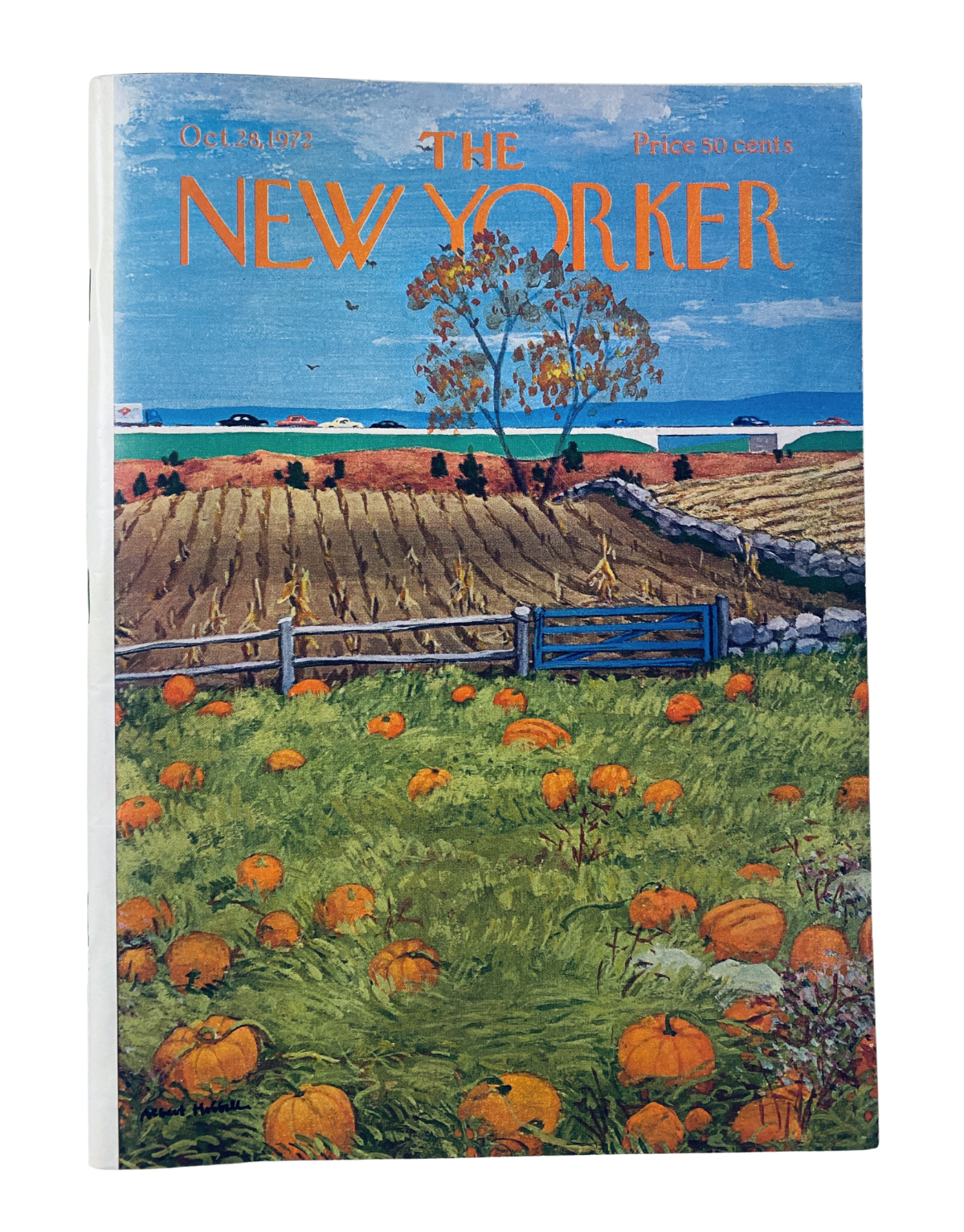 The New Yorker Magazine October 28, 1972 cover featuring a vibrant pumpkin field illustration by A. Hubbell, set against a scenic autumn landscape with trees and a blue sky.