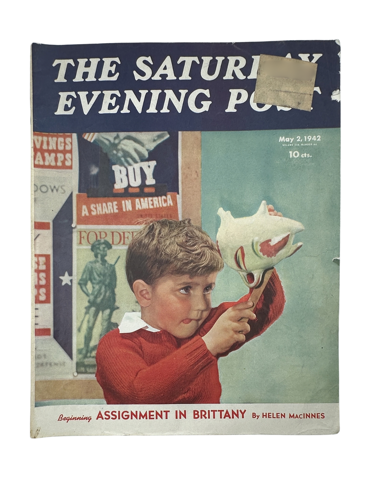 Cover of The Saturday Evening Post magazine from May 2, 1942 featuring a child holding a model of a skull, introducing the story 'Assignment in Brittany' by Helen MacInnes.