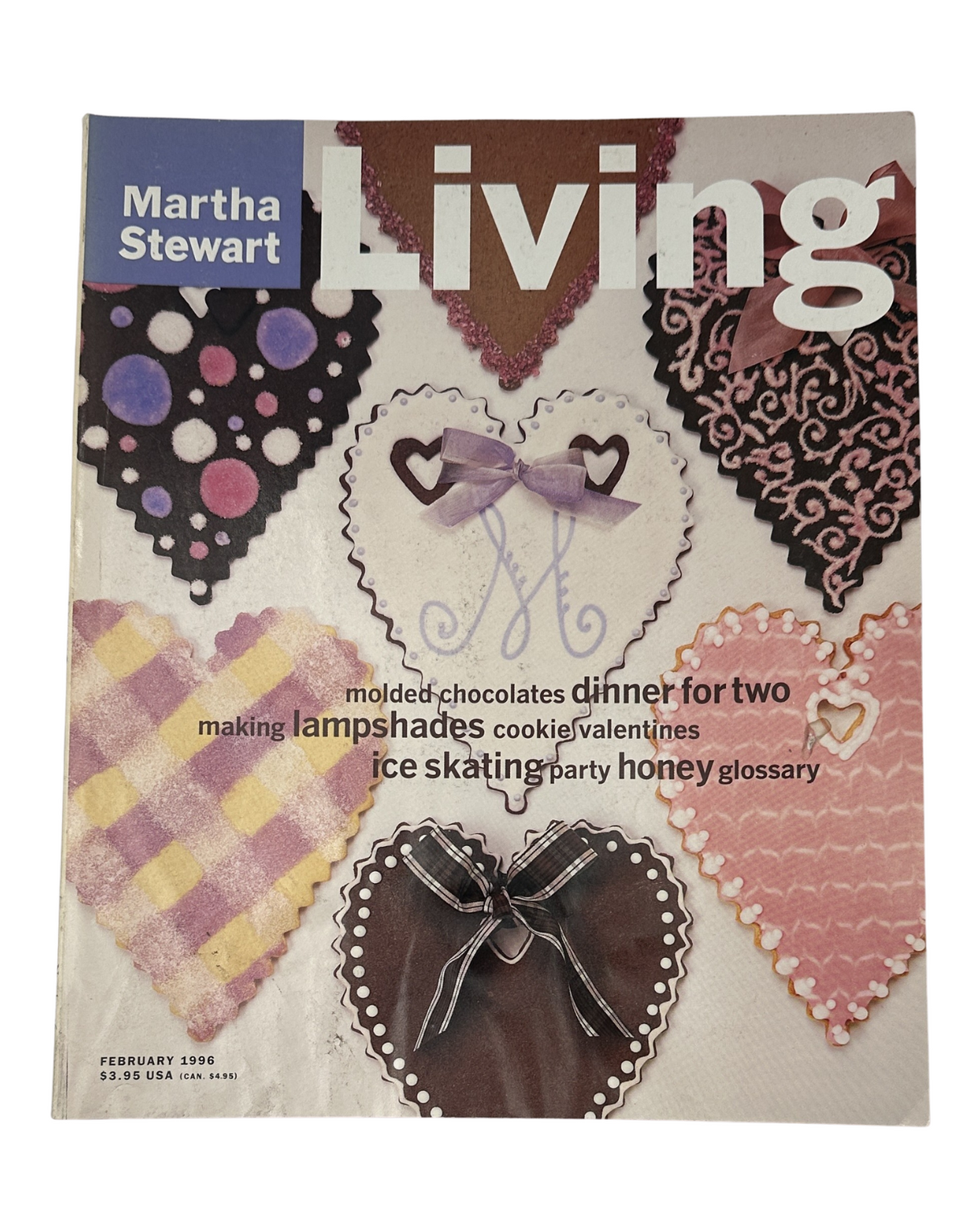 Martha Stewart Living Magazine February 1996 cover featuring heart-shaped cookies and patterns, promoting various articles including molded chocolates and dinner for two.