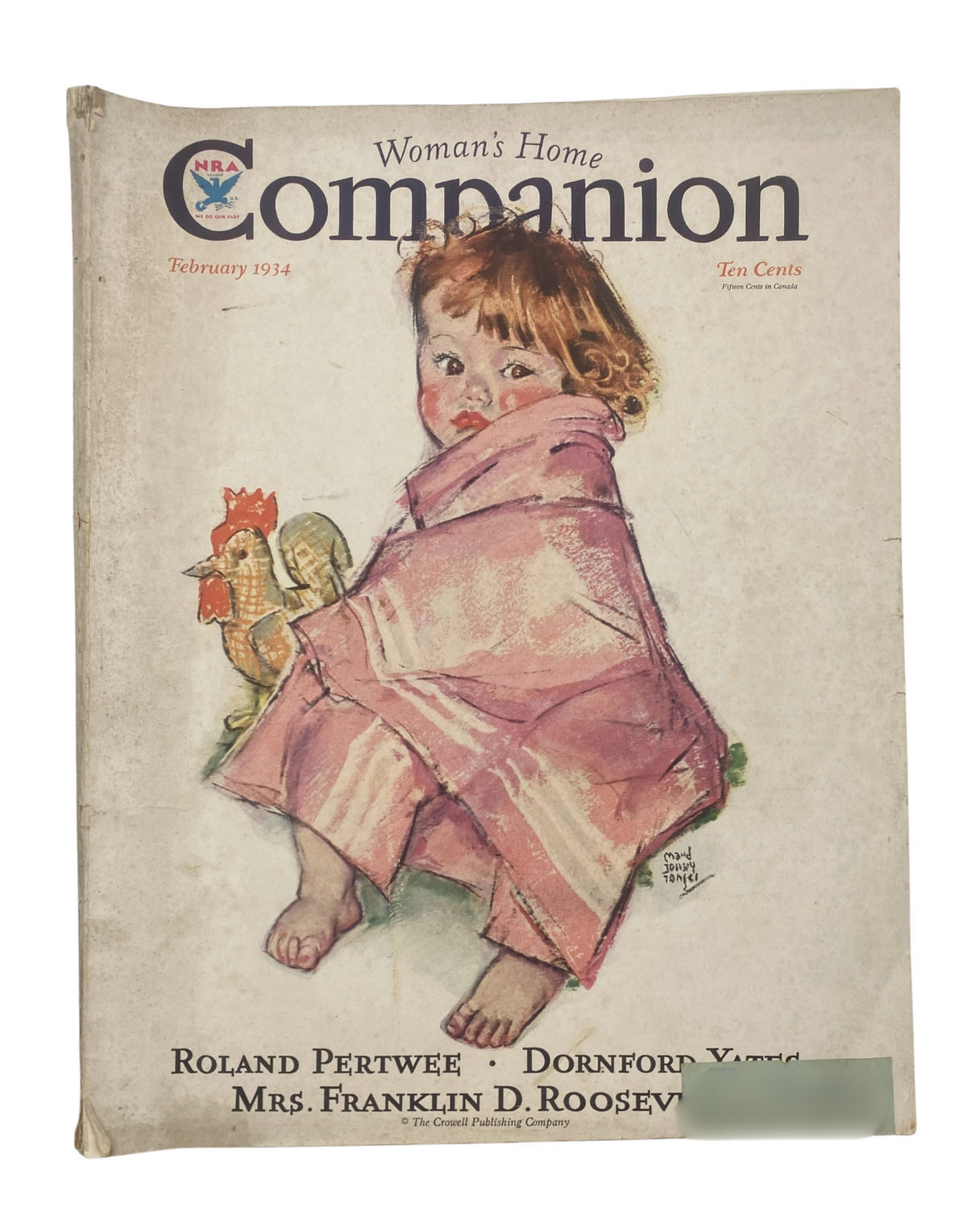 Cover of Woman’s Home Companion Magazine February 1934 featuring an illustration of a young girl with a toy rooster, including contributions from Roland Pertwee, Dornford Yates, and Mrs. Franklin D. Roosevelt.
