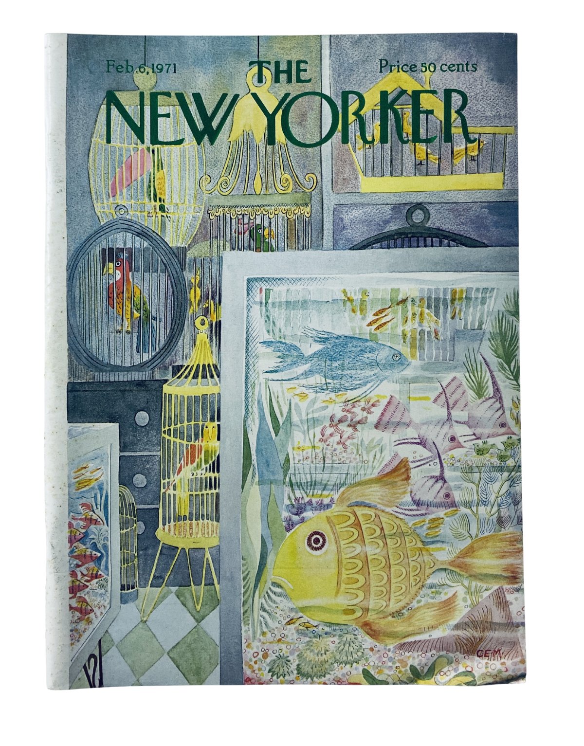 The New Yorker Magazine February 6, 1971 cover featuring a colorful illustration of fish and birdcages by Charles E. Martin.