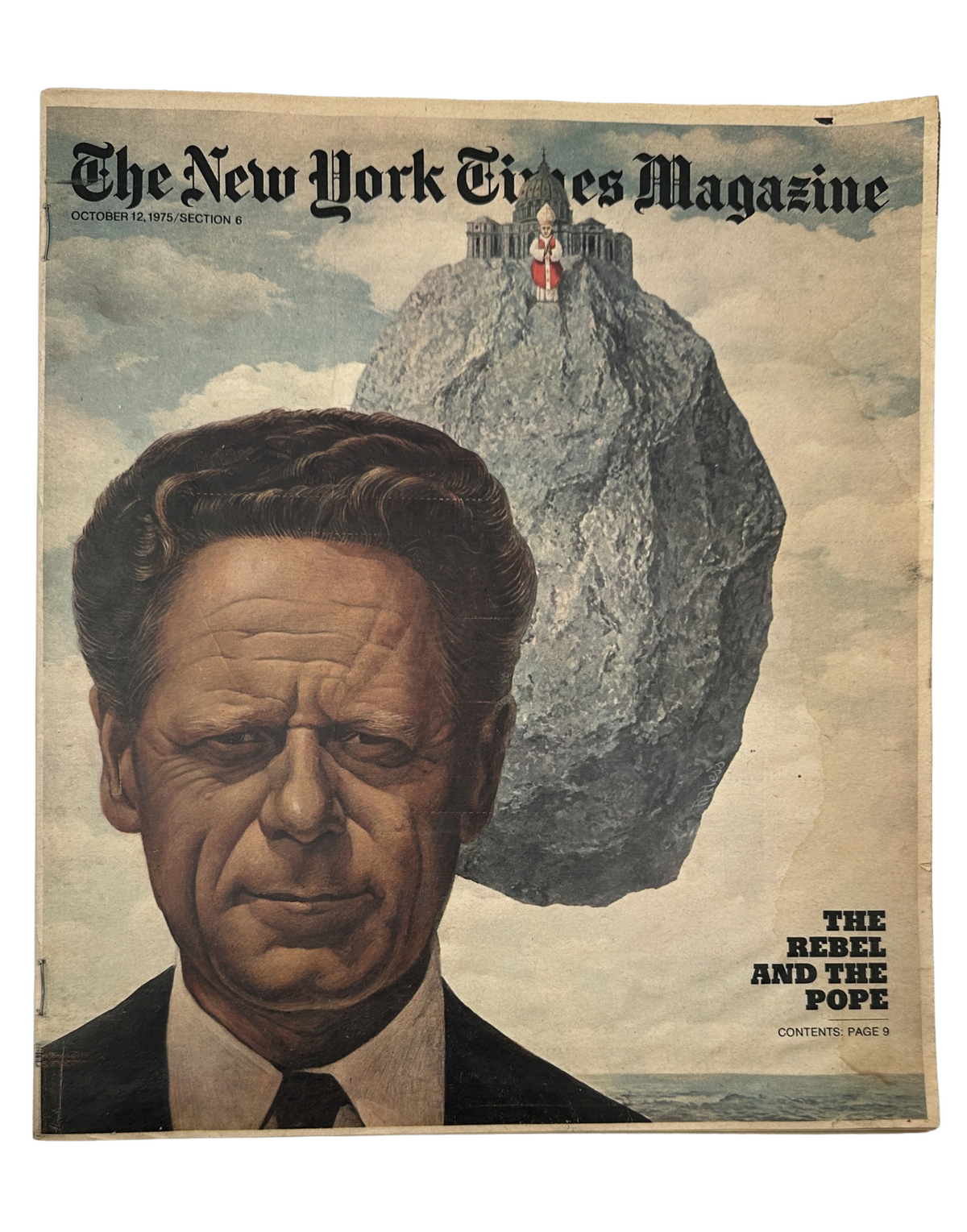 The New York Times Magazine October 12, 1975 cover featuring an illustration of a man with a serious expression in the foreground, symbolizing 'The Rebel and the Pope' with a massive rock in the background, depicting a thought-provoking theme.