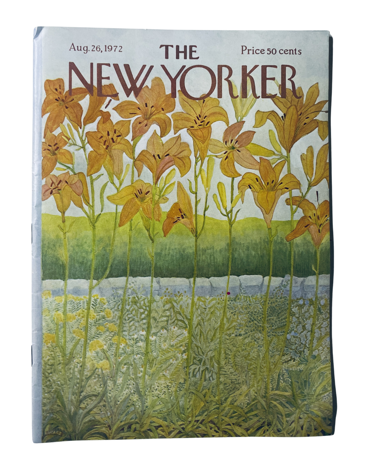 Cover of The New Yorker Magazine, August 26, 1972, featuring tall yellow flowers illustrated by Ilonka Karasz.