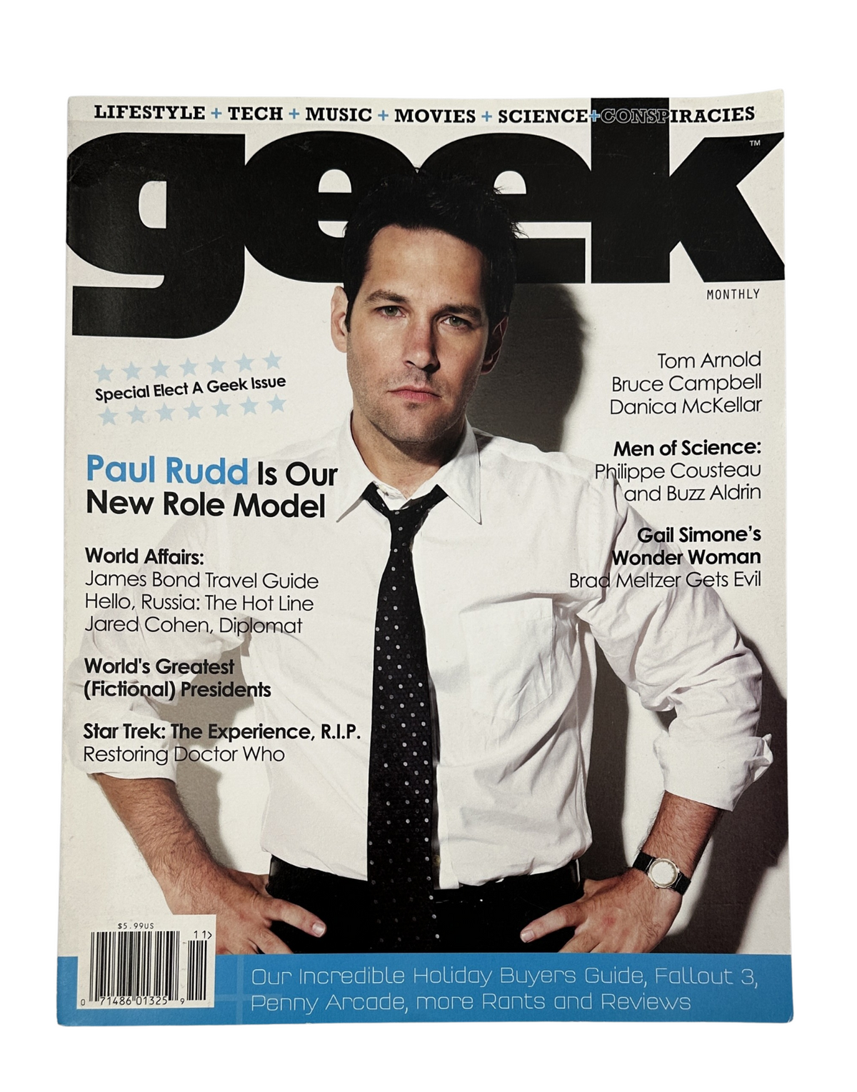 Geek Monthly Magazine November 2008 featuring Paul Rudd on the cover, showcasing articles on Danica McKellar, Bruce Campbell, and a travel guide for James Bond.