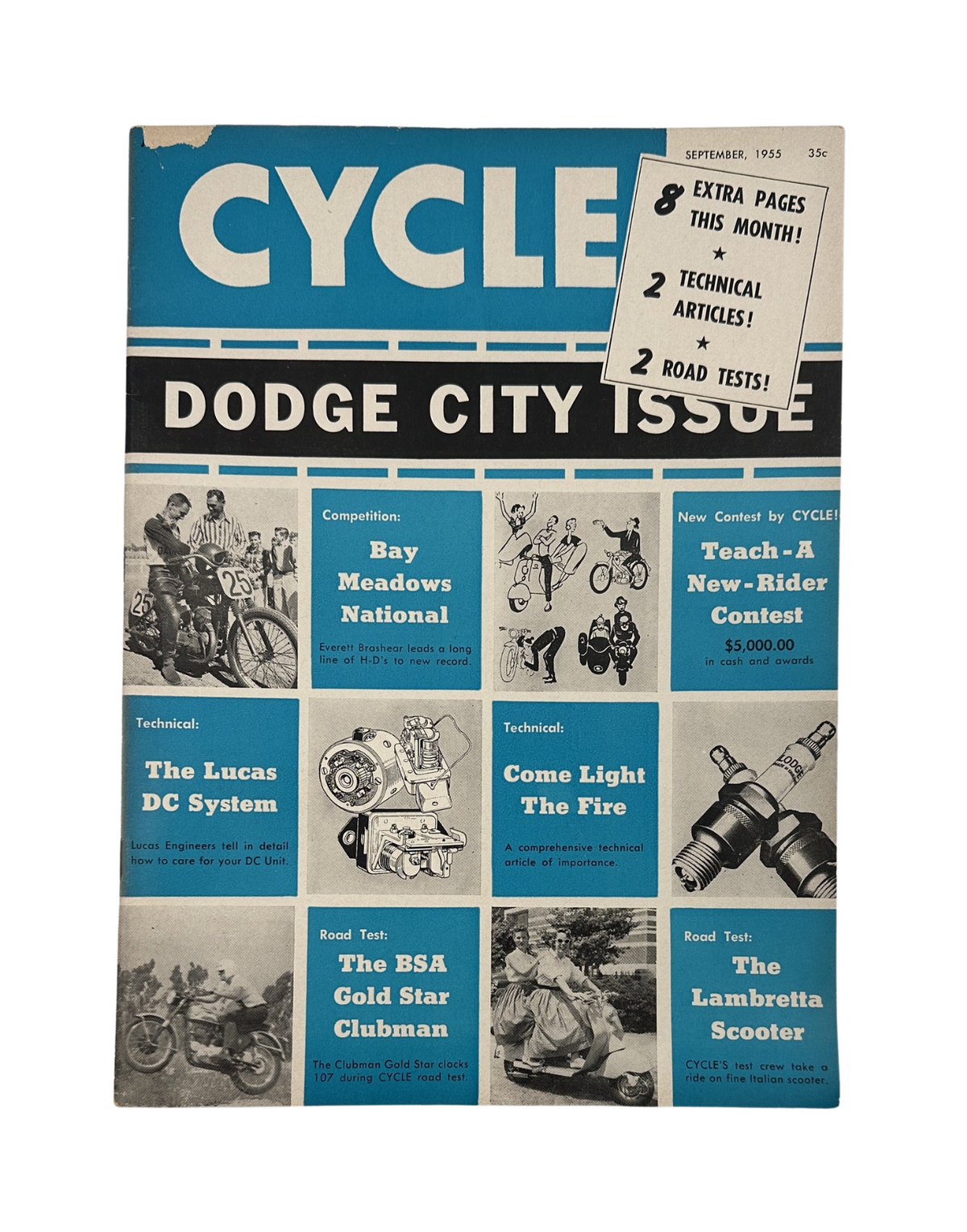 Cycle Magazine September 1955 featuring the Dodge City issue, showcasing technical articles, and competitions related to motorcycles, including features like Lucas DC System, Bay Meadows National, and BSA Gold Star Clubman.