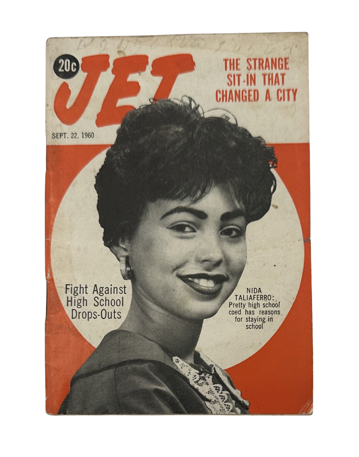 Jet Magazine September 22, 1960 issue featuring Nida Taliaferro on the cover, highlighting the sit-in movement and educational issues related to high school dropouts.